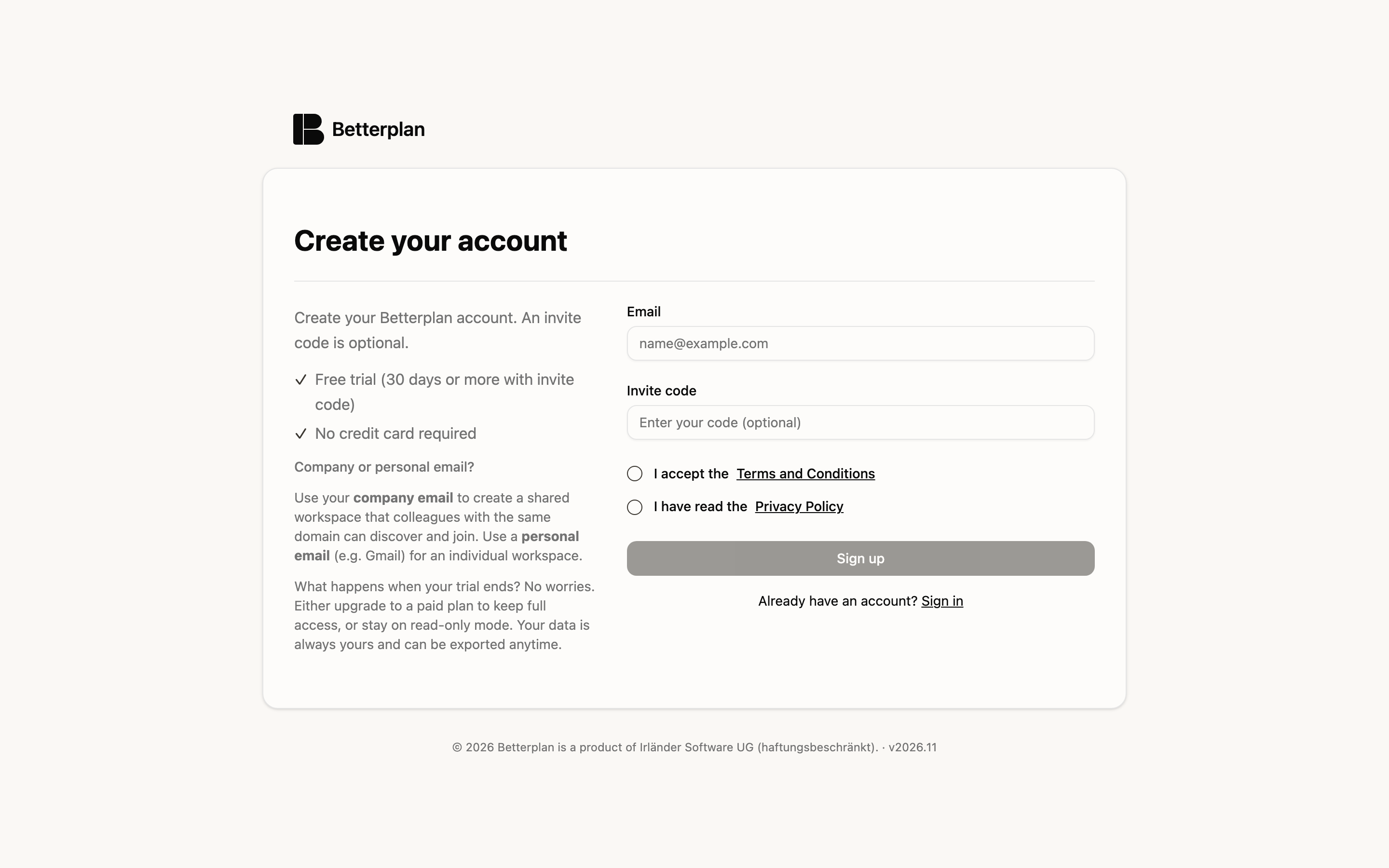 The sign-up page with an email field, invite code and consent checkboxes