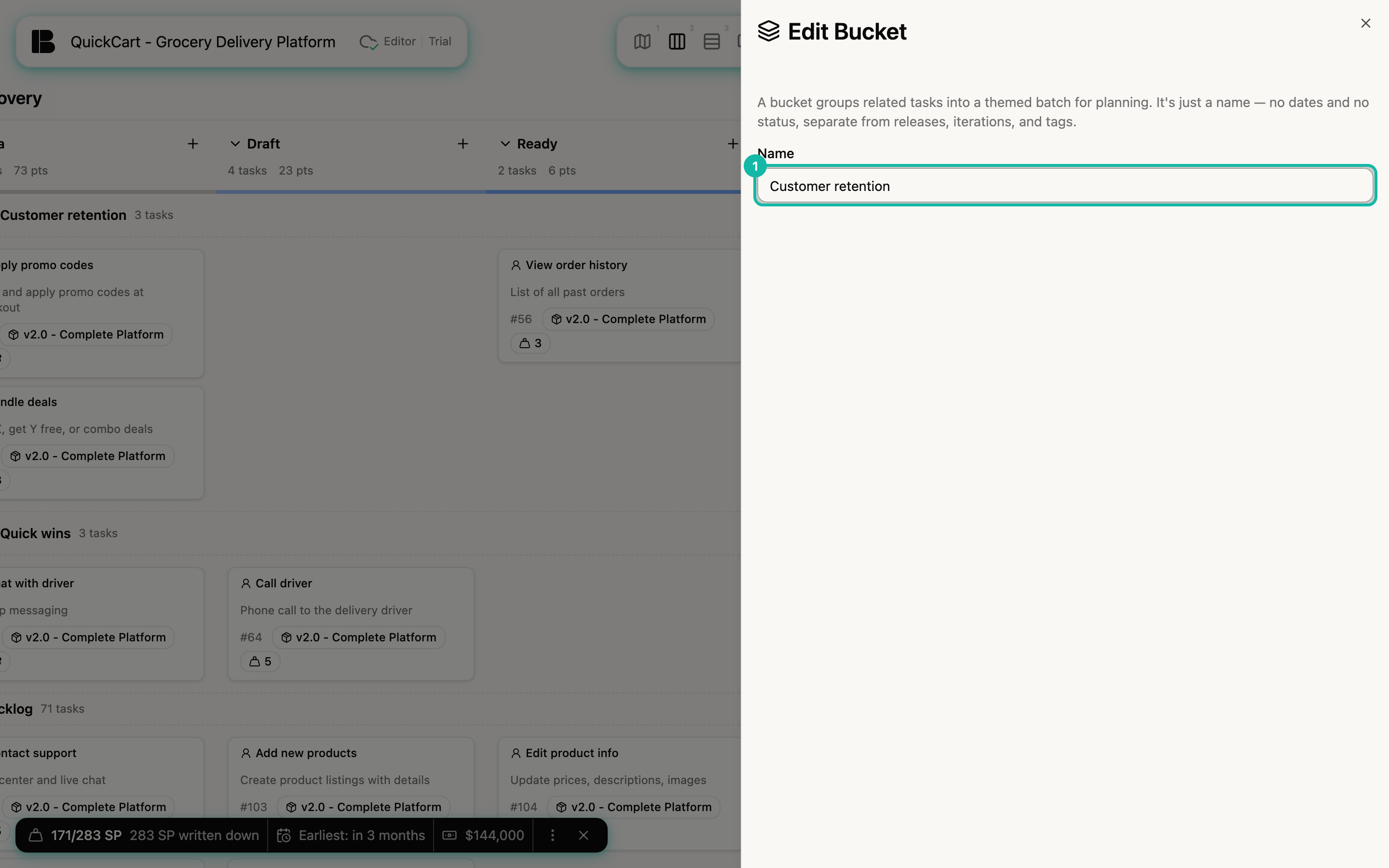The Edit Bucket side panel over the Kanban; the Name field contains Customer retention and is highlighted