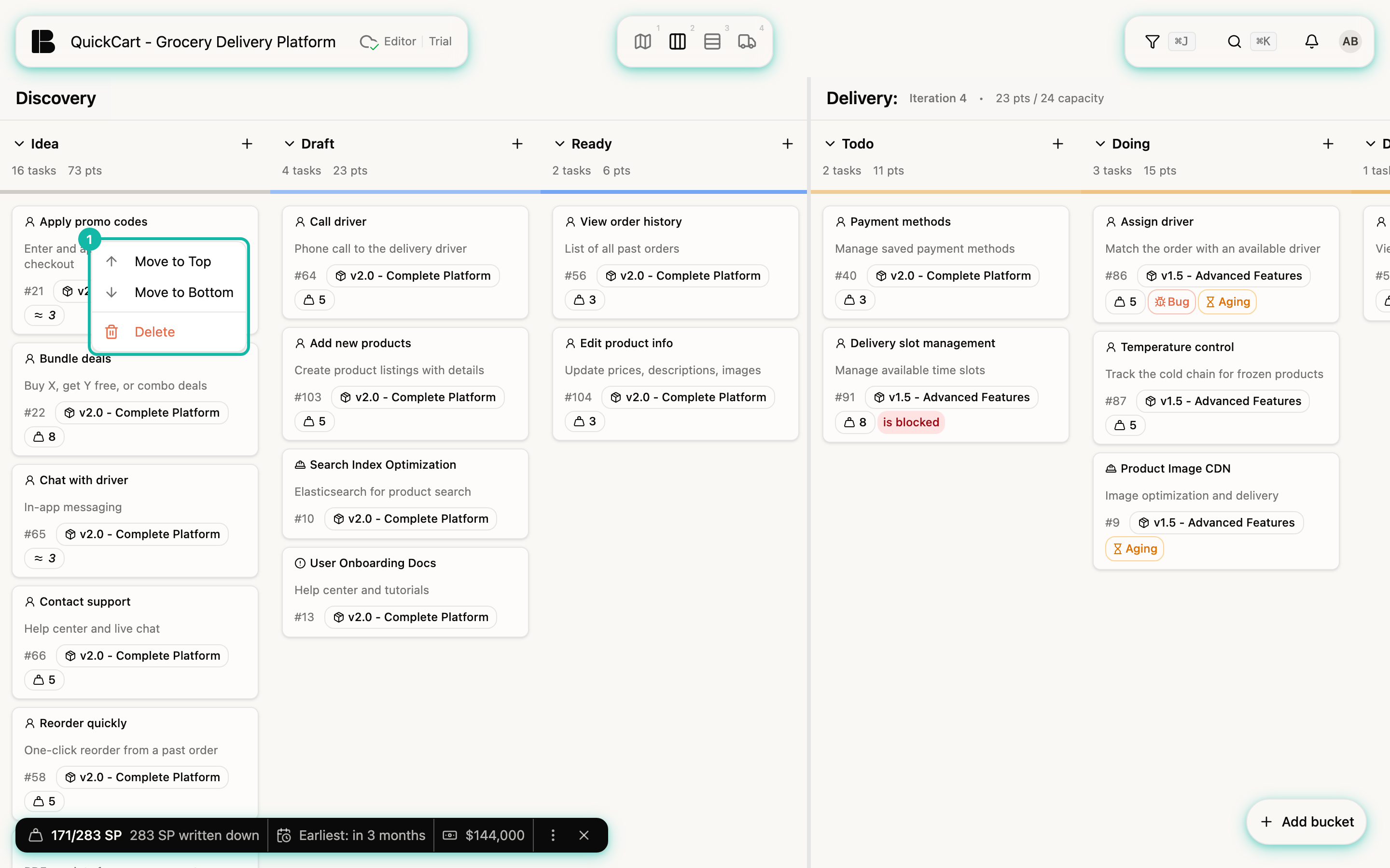 The Backlog Kanban with the card menu open on the Apply promo codes card; the menu offers Move to Top, Move to Bottom and Delete and is highlighted
