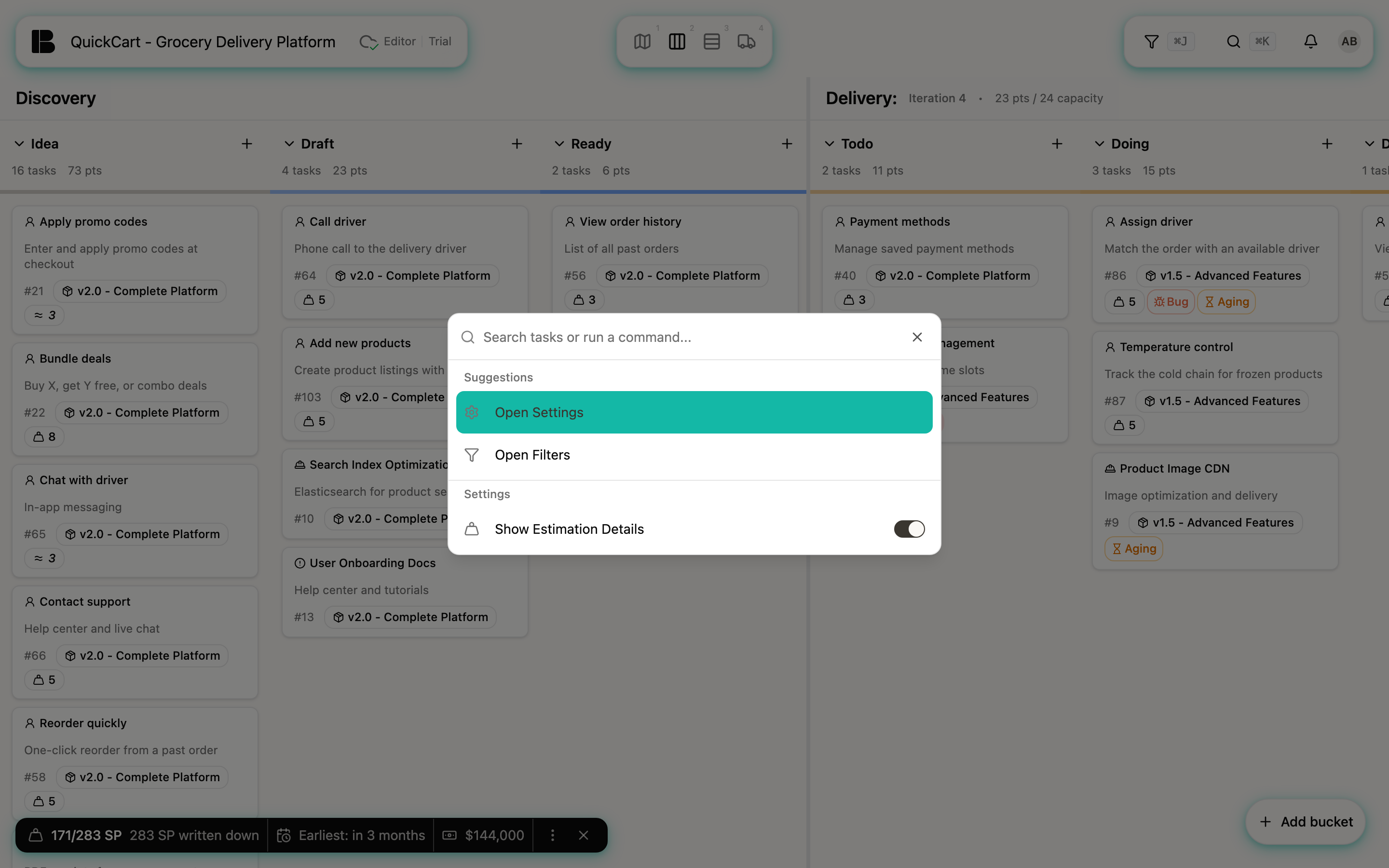 The command palette opened with the shortcut over the Kanban view, showing the search field and the suggestions Open settings and Open filters