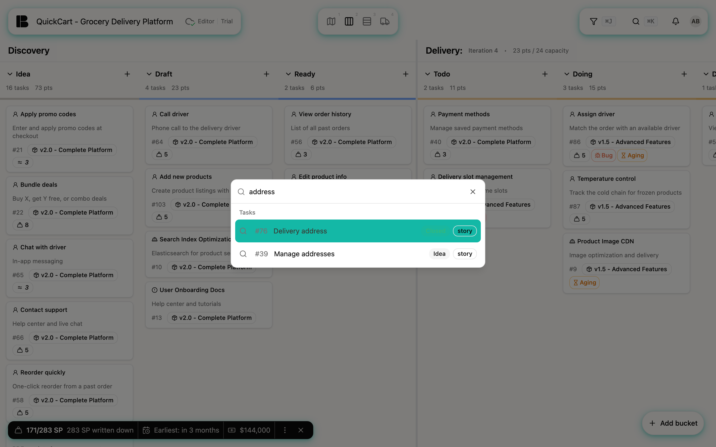 The command palette over the Kanban board with the search term address; under Tasks the hits Delivery address (highlighted) and Manage addresses are listed with number, progress badge and type story