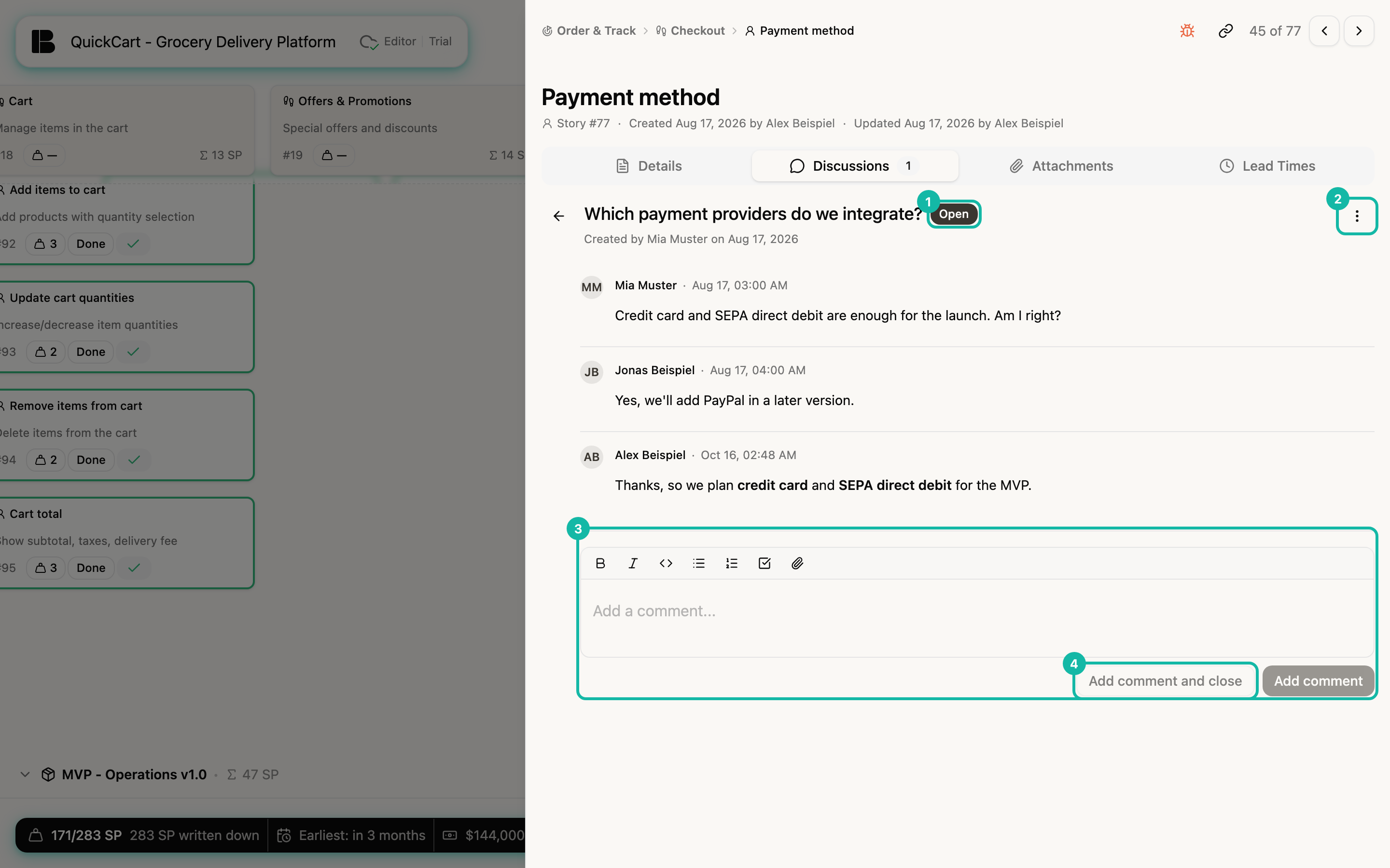 The discussion “Which payment providers do we integrate?” on the story Payment method. Three comments are stacked: a question and an answer from Mia Muster and Jonas Beispiel and a reply from Alex Beispiel. Below is the comment editor with the buttons Add comment and close and Add comment. Highlighted are the status badge Open (1), the discussion menu (2), the editor (3) and the add-and-close button (4).
