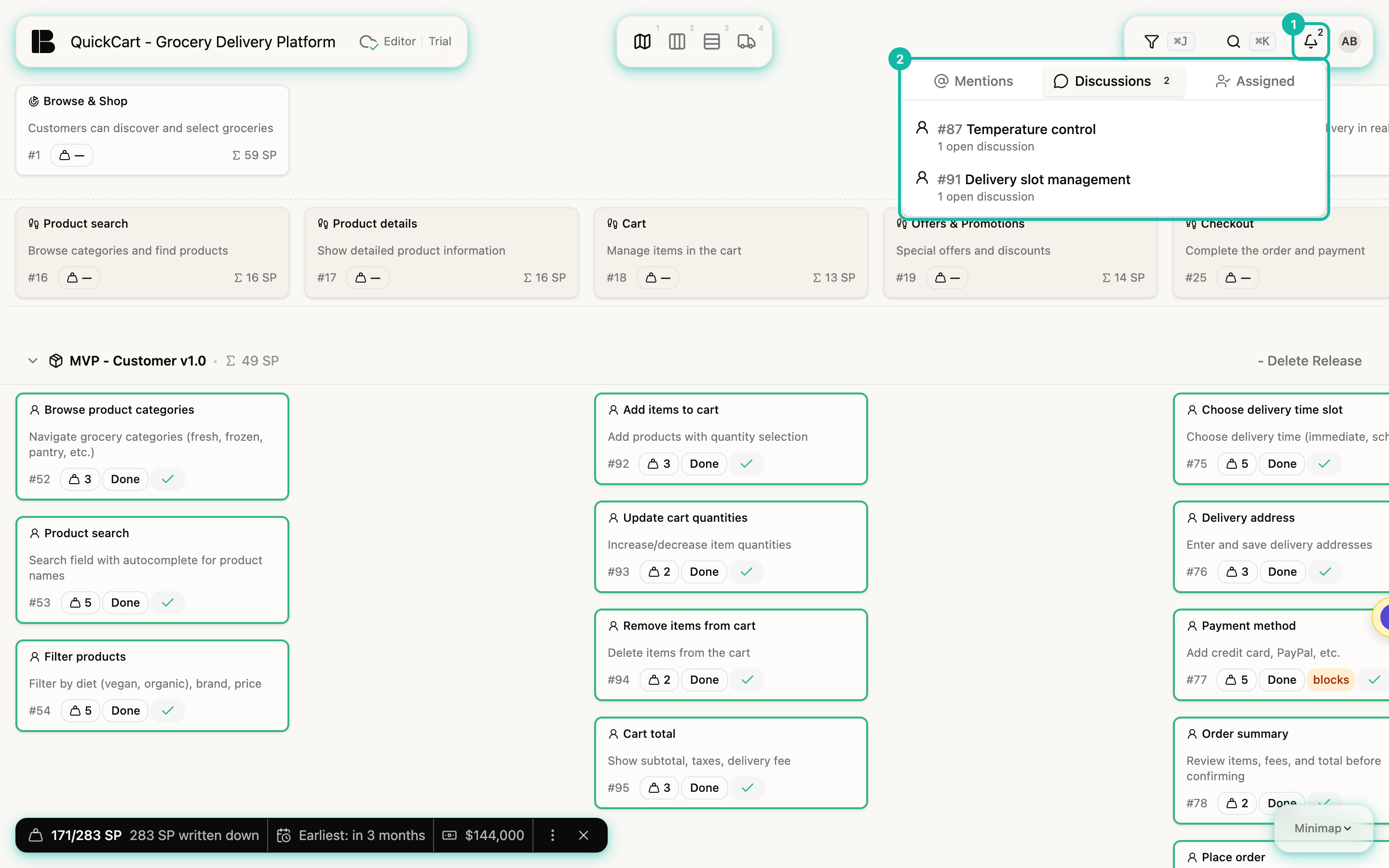 The inbox in the project header of the Storyboard view. The bell icon shows the number 2. The open Discussions tab lists the stories Temperature control and Delivery slot management with one open discussion each. The bell icon (1) and the window (2) are highlighted.