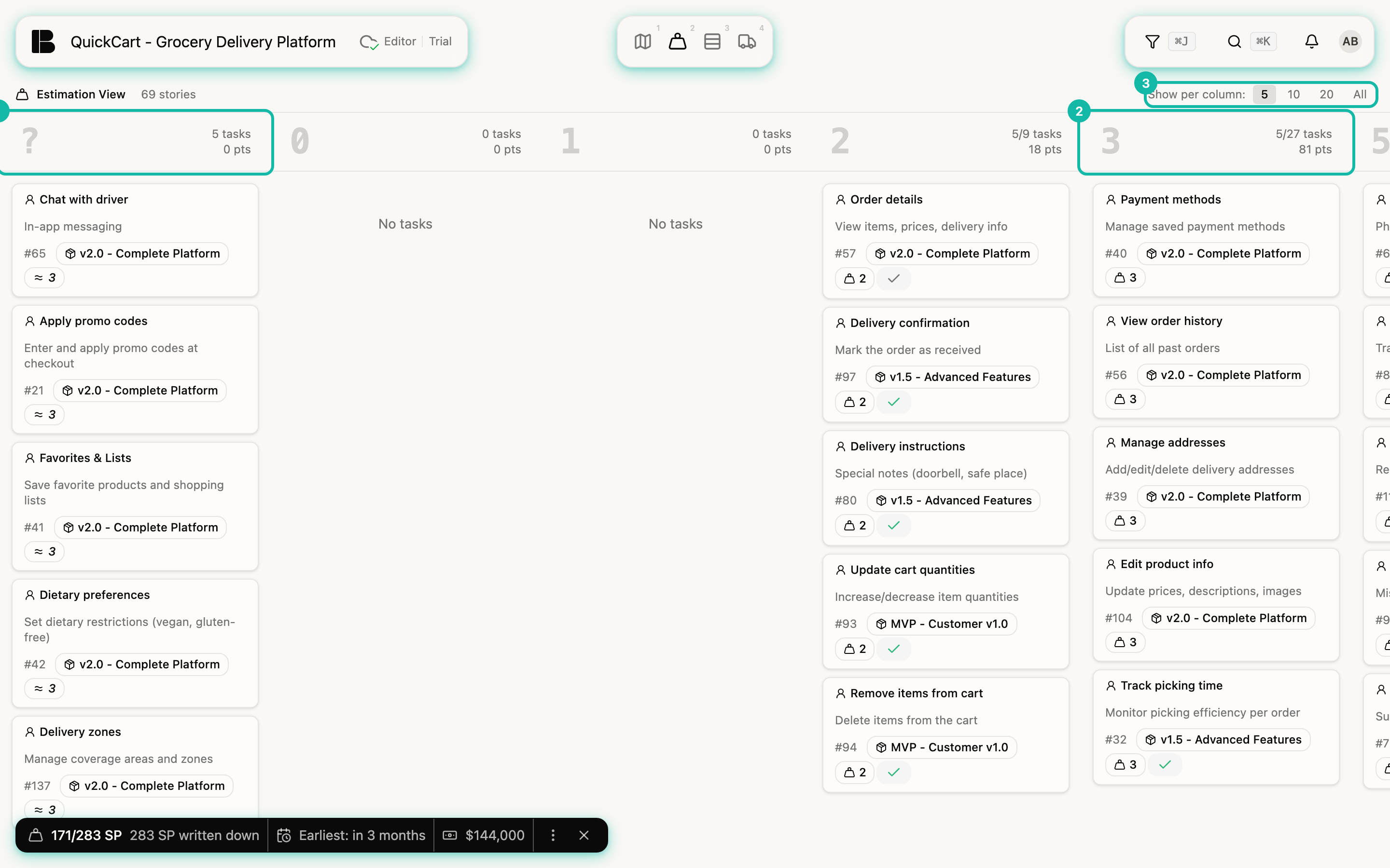 The QuickCart Estimation View with 69 stories; on the left the column with the question mark and 5 tasks, next to it the columns 0, 1, 2 and 3; highlighted are the question mark column (1), the column 3 (2) and the Show per column selection (3)