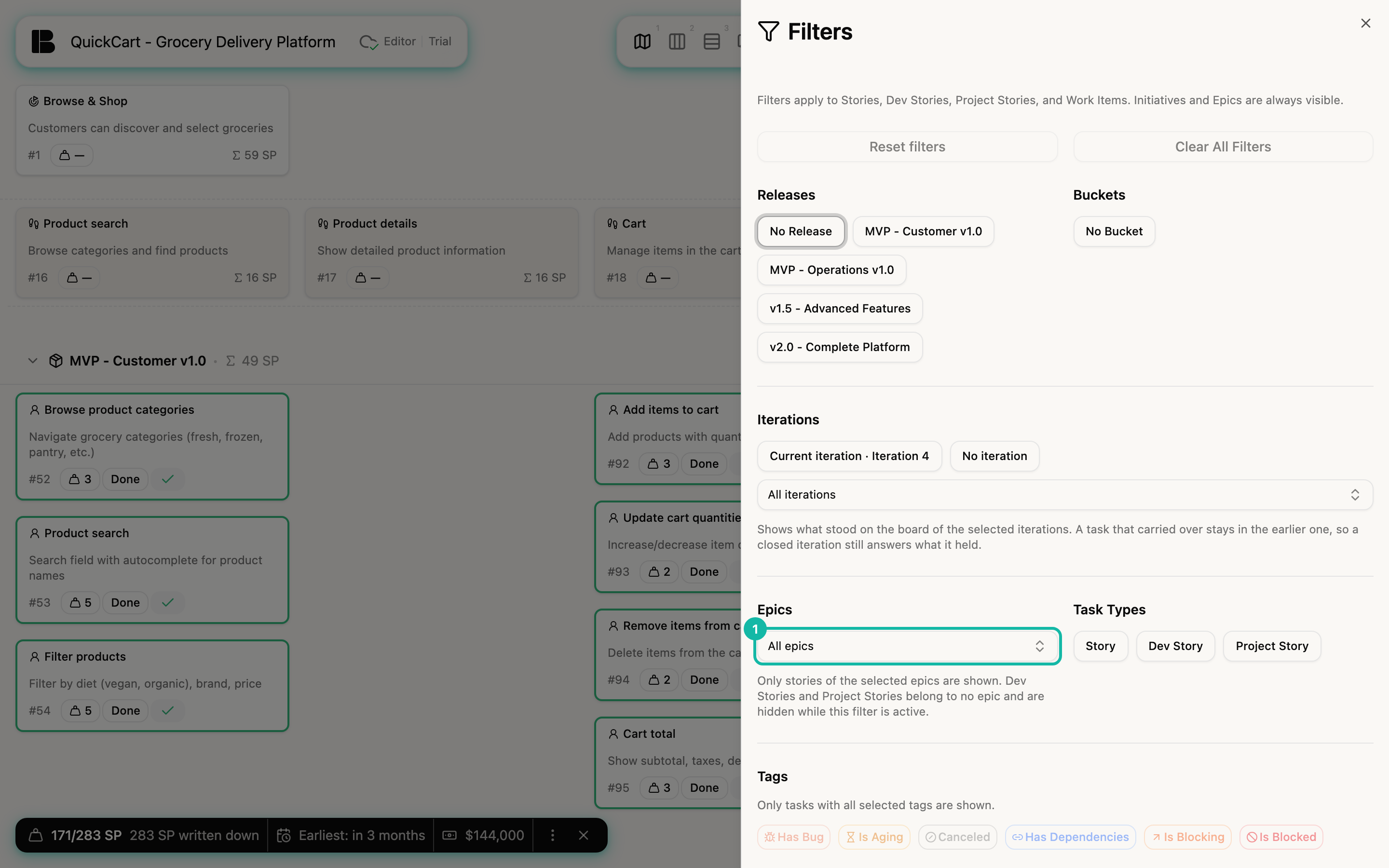 The filter panel on the right over the Storyboard with Releases, Buckets, Iterations, Epics and Task Types; the Epics selection field showing All epics is highlighted