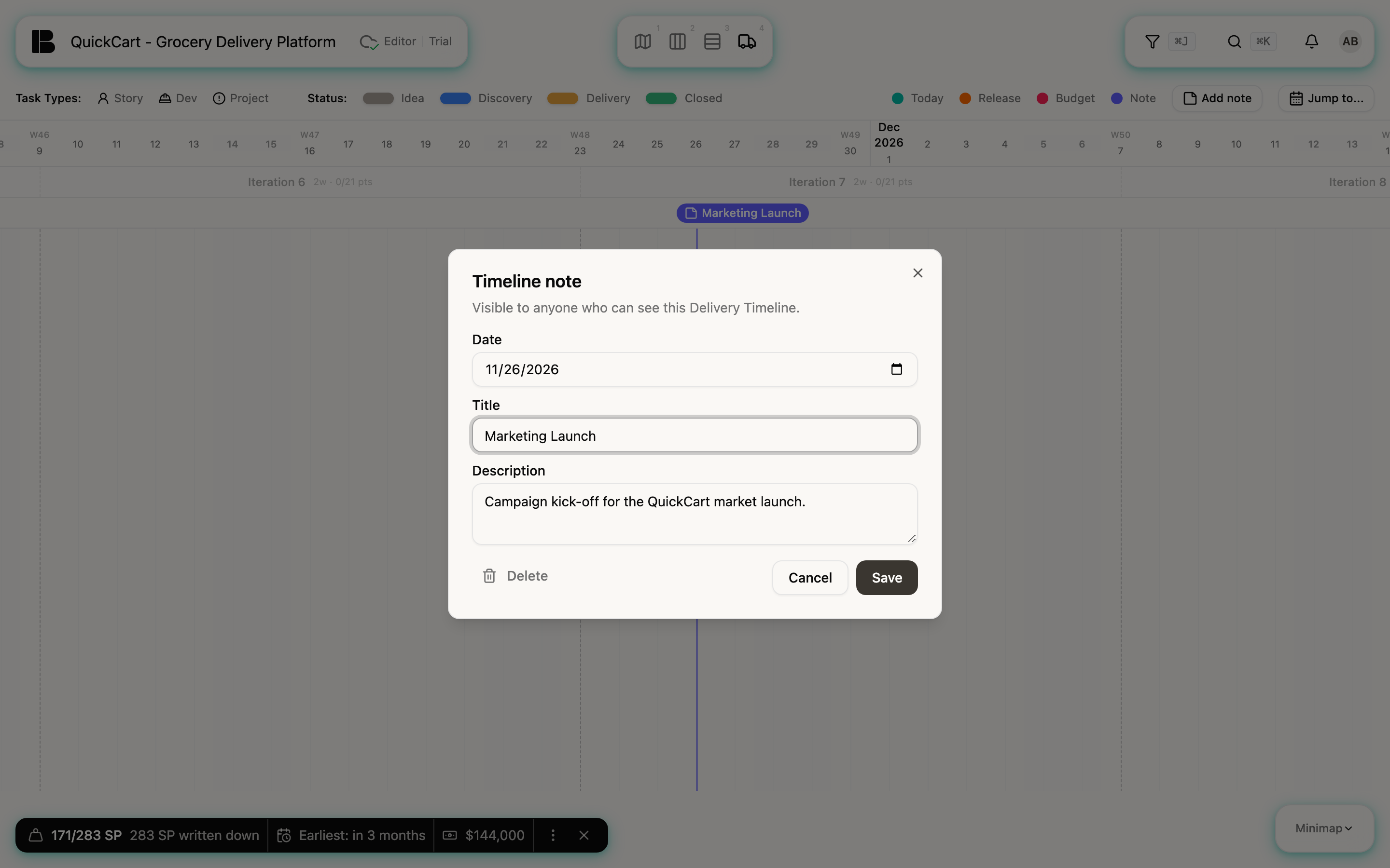 The Delivery Timeline scrolled to the end of November: the violet note Marketing Launch in the marker row, with the Timeline note dialog open above it showing the fields Date (26.11.2026), Title (Marketing Launch) and Description (Campaign kick-off for the QuickCart market launch) and the buttons Delete, Cancel and Save
