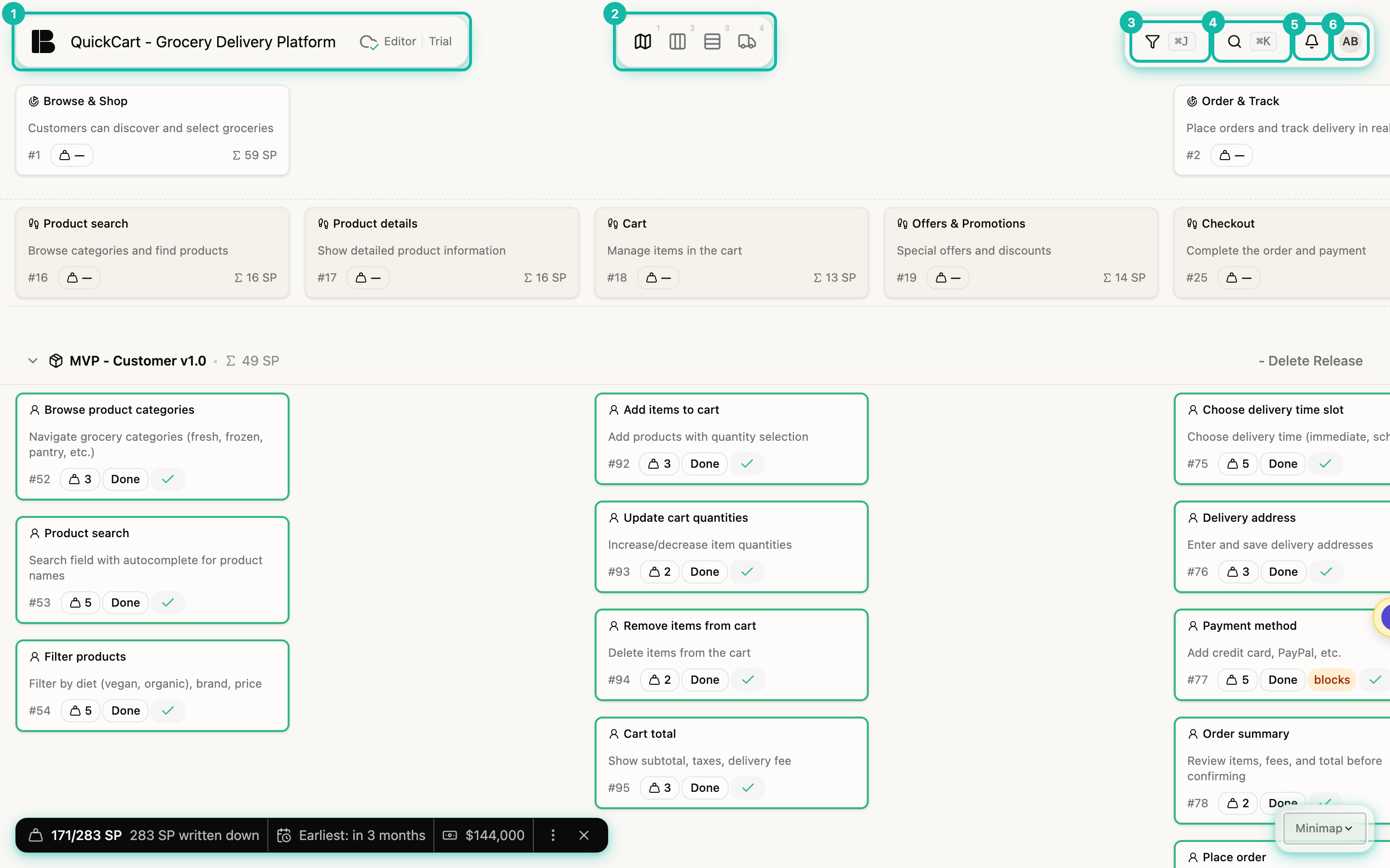 The QuickCart storyboard with six numbered highlights in the header area