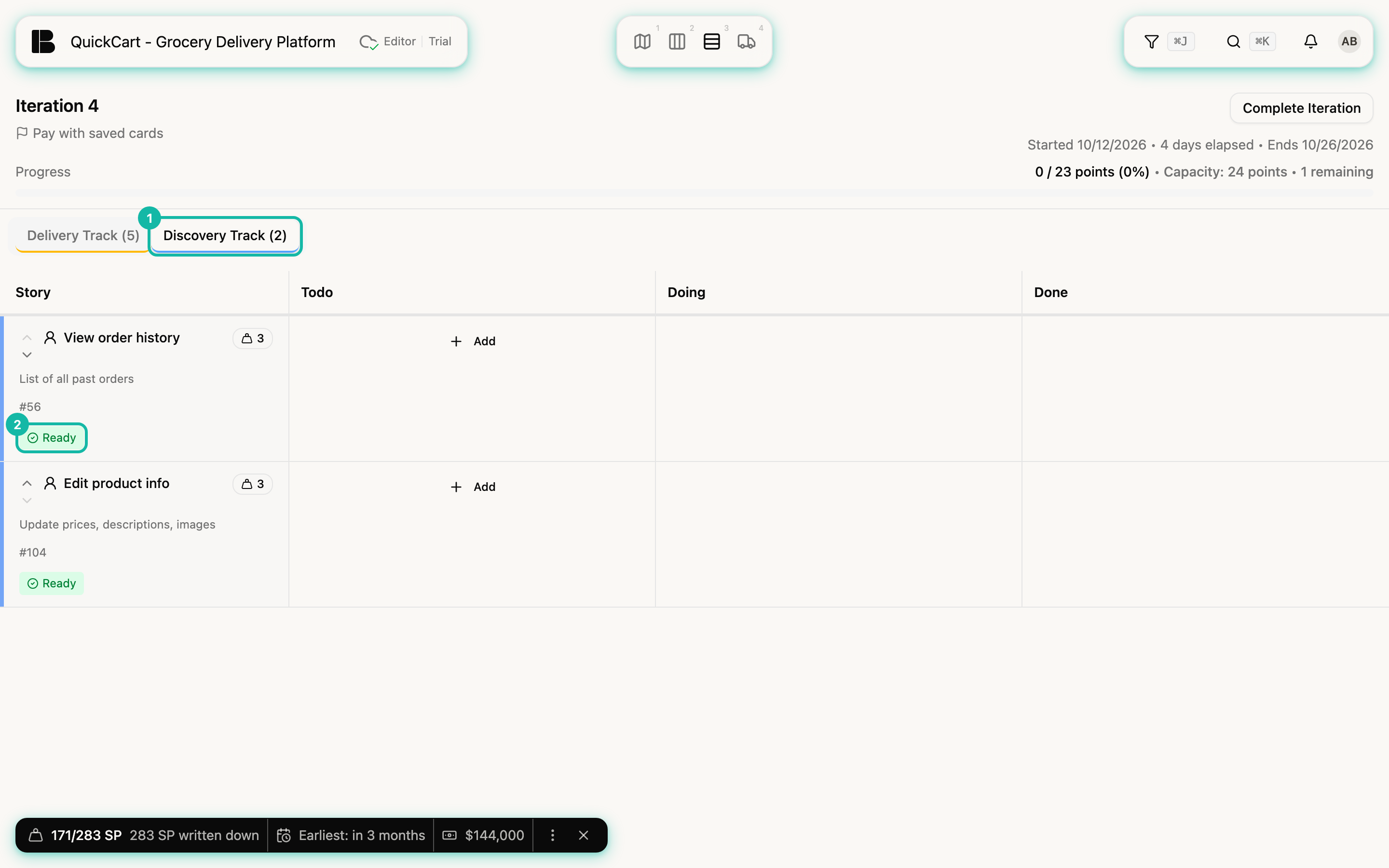 The Iteration Board with the Discovery Track tab selected (1) and two stories, both with a green Ready label (2)