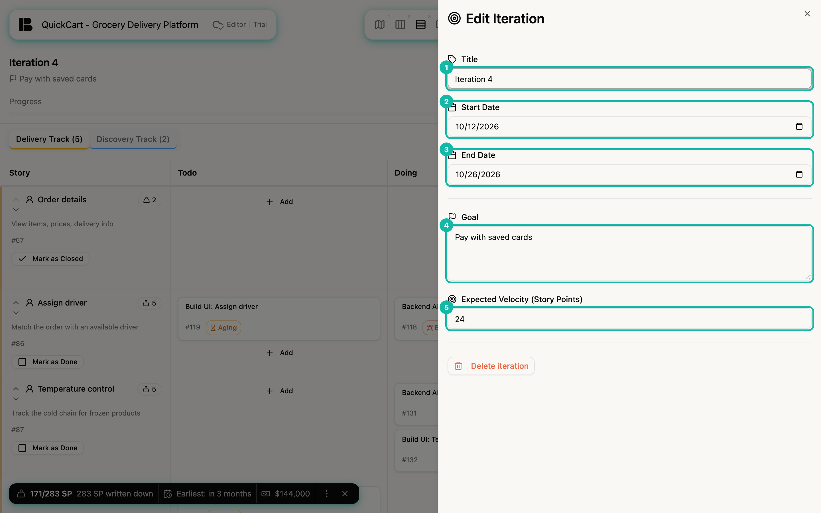 The Iteration Board with the Edit Iteration side panel open; highlighted are the fields Title (1), Start Date (2), End Date (3), Goal (4) and Expected Velocity (Story Points) (5)
