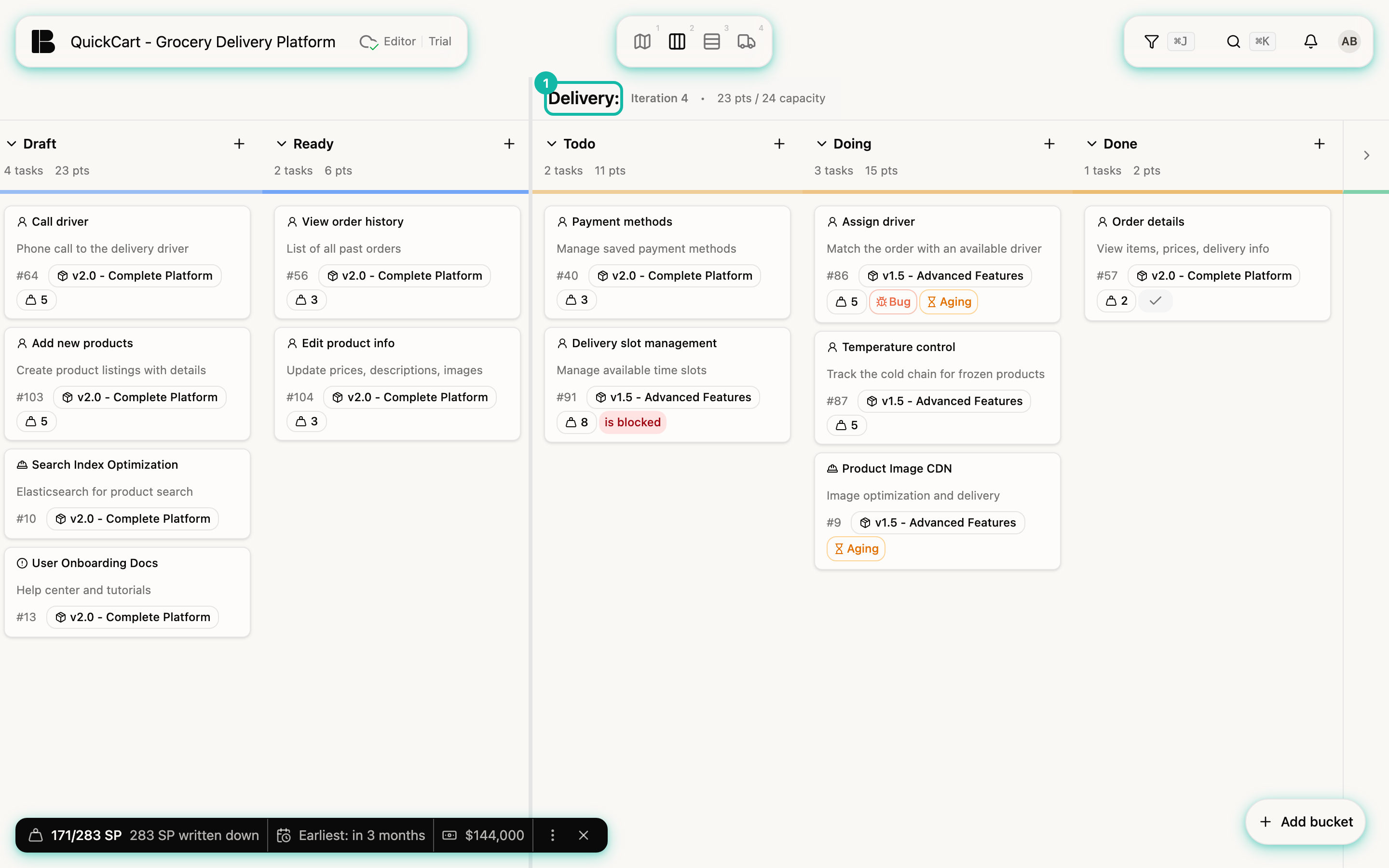 The QuickCart Backlog Kanban with the columns Draft, Ready, Todo, Doing and Done; the Delivery header is highlighted