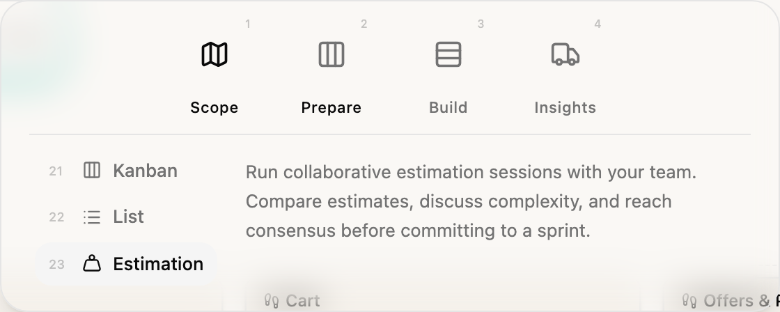 The expanded navigation, current phase Scope; with the pointer over Prepare the list shows Kanban, List and Estimation, Estimation is highlighted and its description is on the right