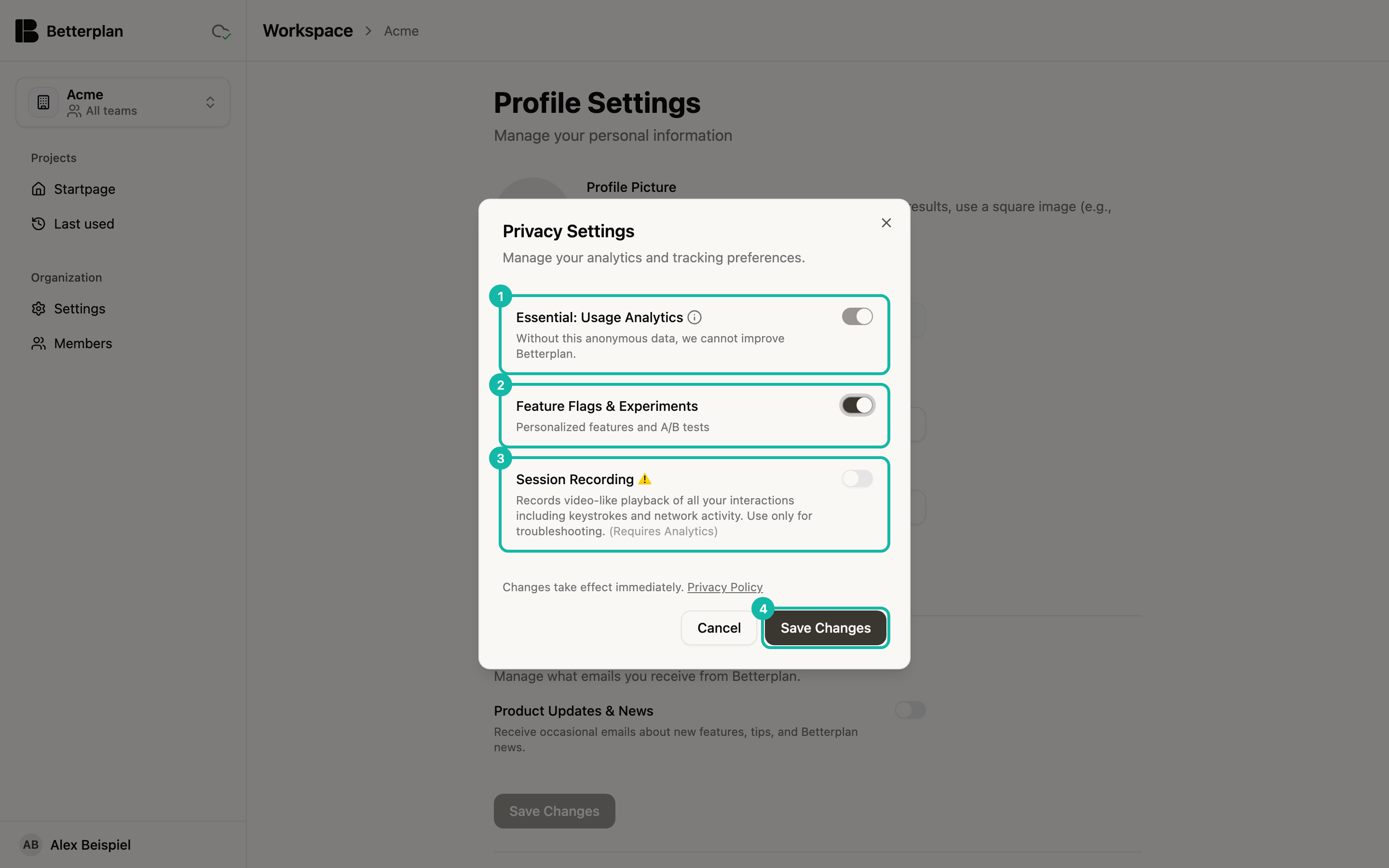 The Privacy Settings dialog over the profile page. Highlighted are the locked Essential: Usage Analytics switch (1), the Feature Flags & Experiments switch (2), the Session Recording switch with a warning symbol (3) and the Save Changes button (4). Next to them are Cancel and the Privacy Policy link.
