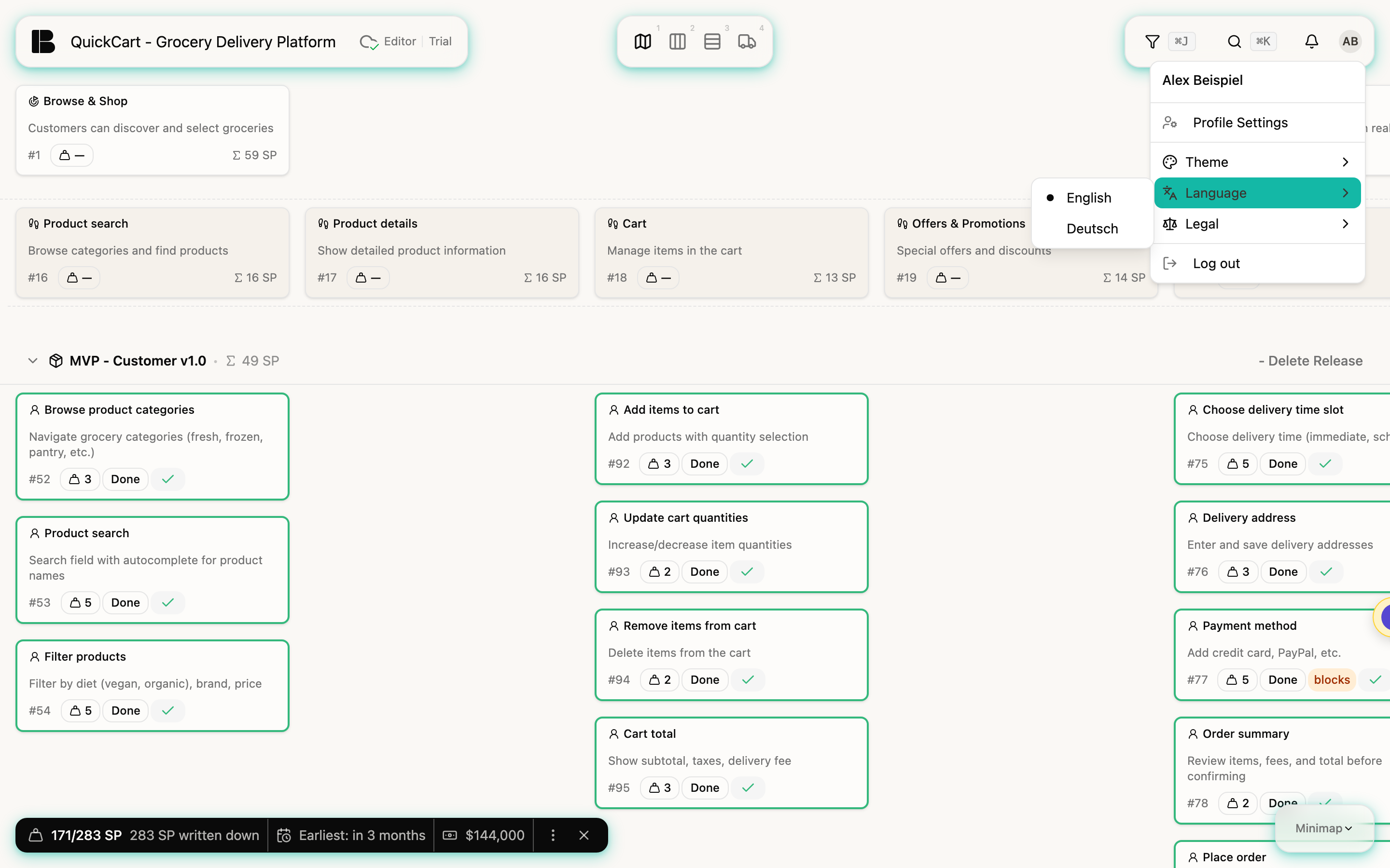 The open profile menu with the Language submenu