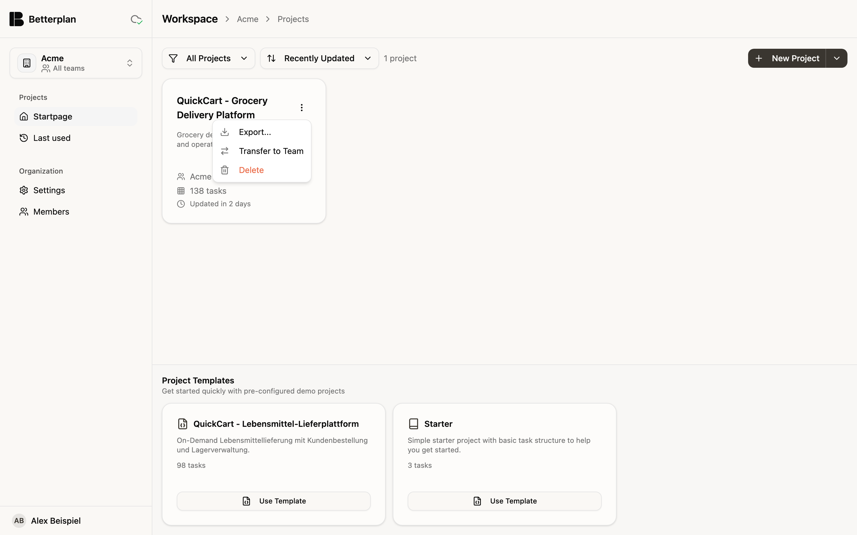 The project list with the QuickCart card. The card's menu is open and shows the entries Export..., Transfer to Team and Delete (red).