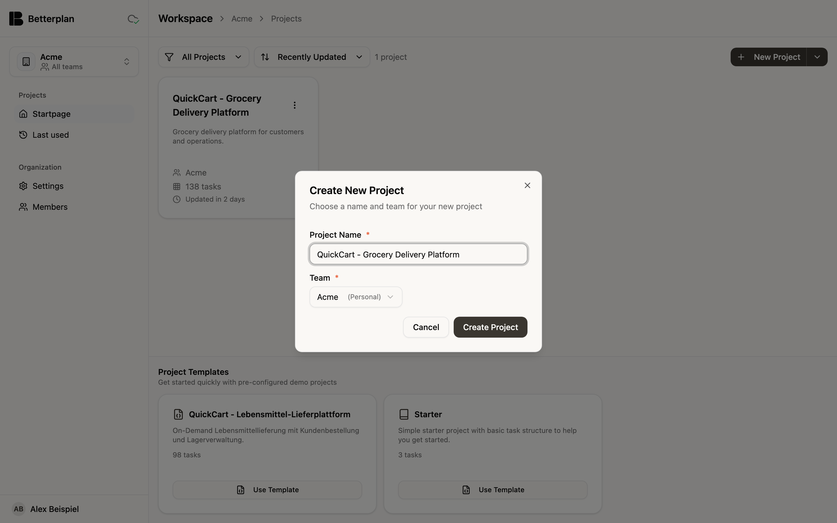 The Create New Project dialog after choosing an import file, with project name and team
