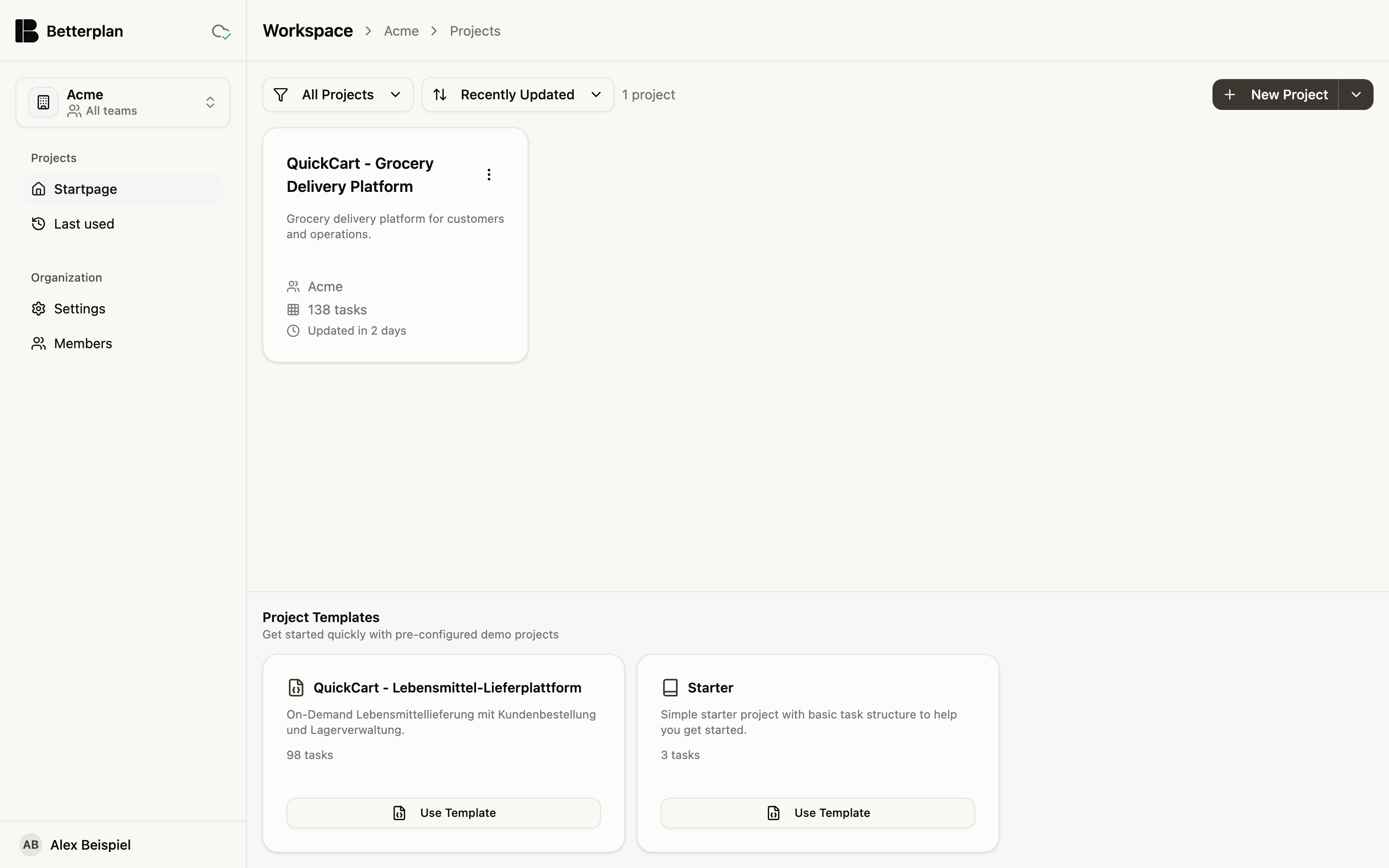 The workspace project list with one project card and the project templates below