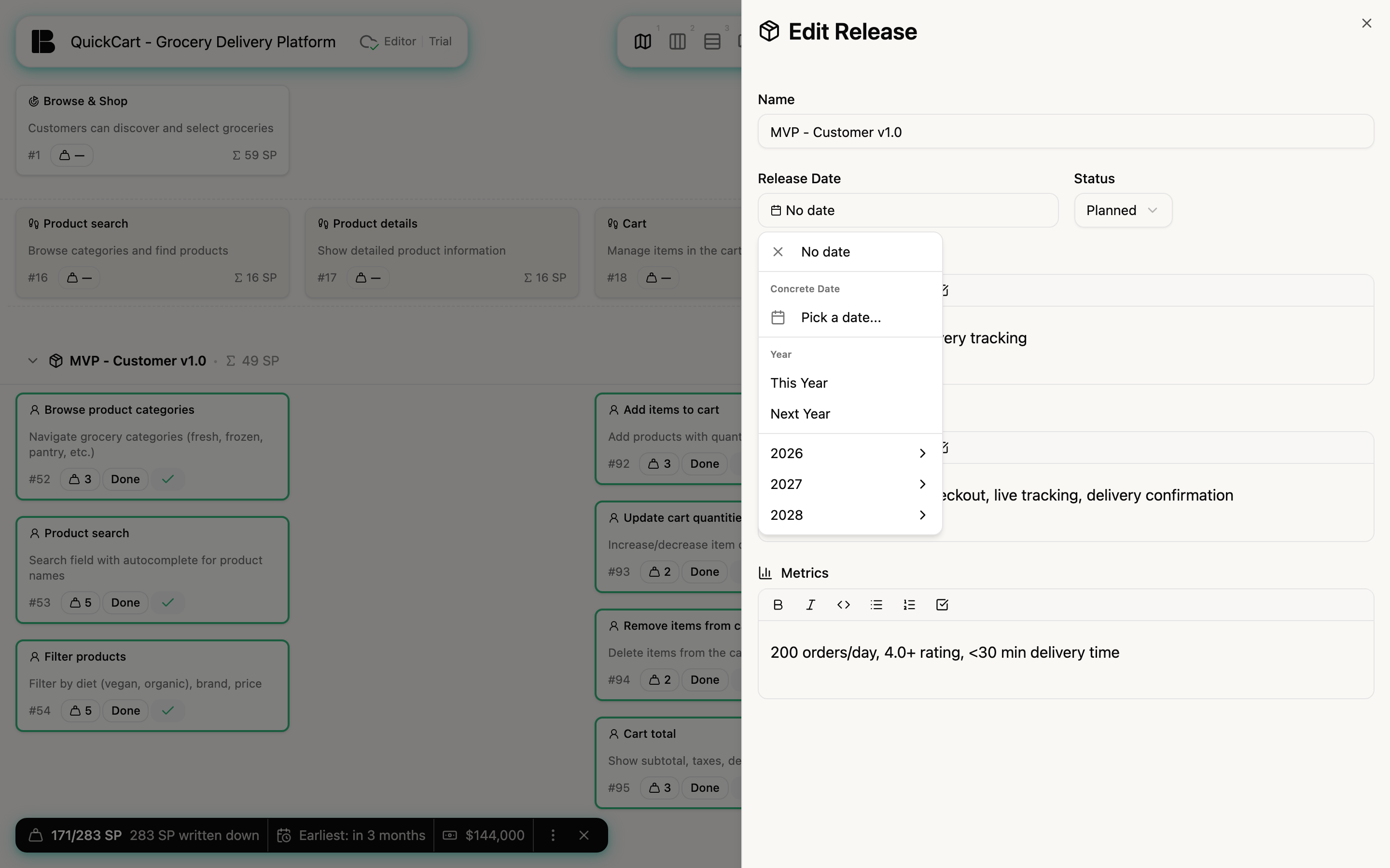 The Edit Release panel with the date menu open: the entries No date, under the heading Concrete Date the entry Pick a date, under the heading Year the entries This Year and Next Year and the submenus 2026, 2027 and 2028