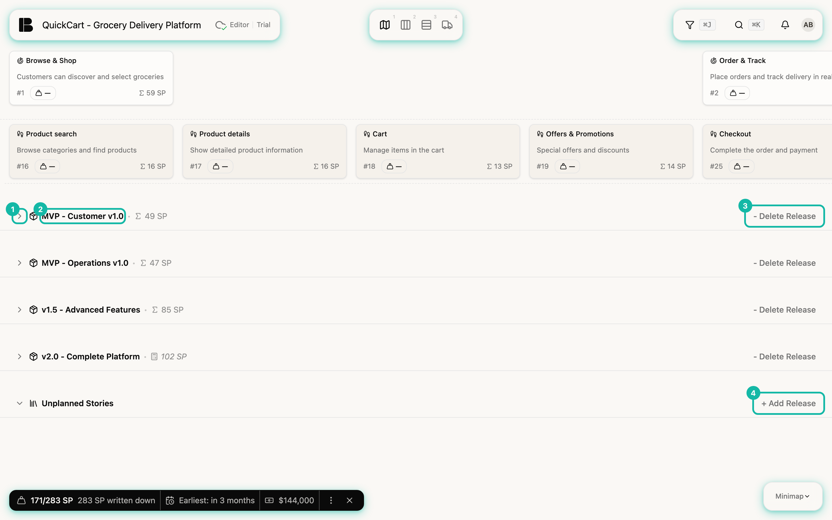 The Storyboard with four collapsed Release rows (MVP - Customer v1.0, MVP - Operations v1.0, v1.5 - Advanced Features, v2.0 - Complete Platform) and the expanded row Unplanned Stories; highlighted are the arrow in front of MVP - Customer v1.0 (1), the name (2), the button - Delete Release (3) and the button + Add Release (4)