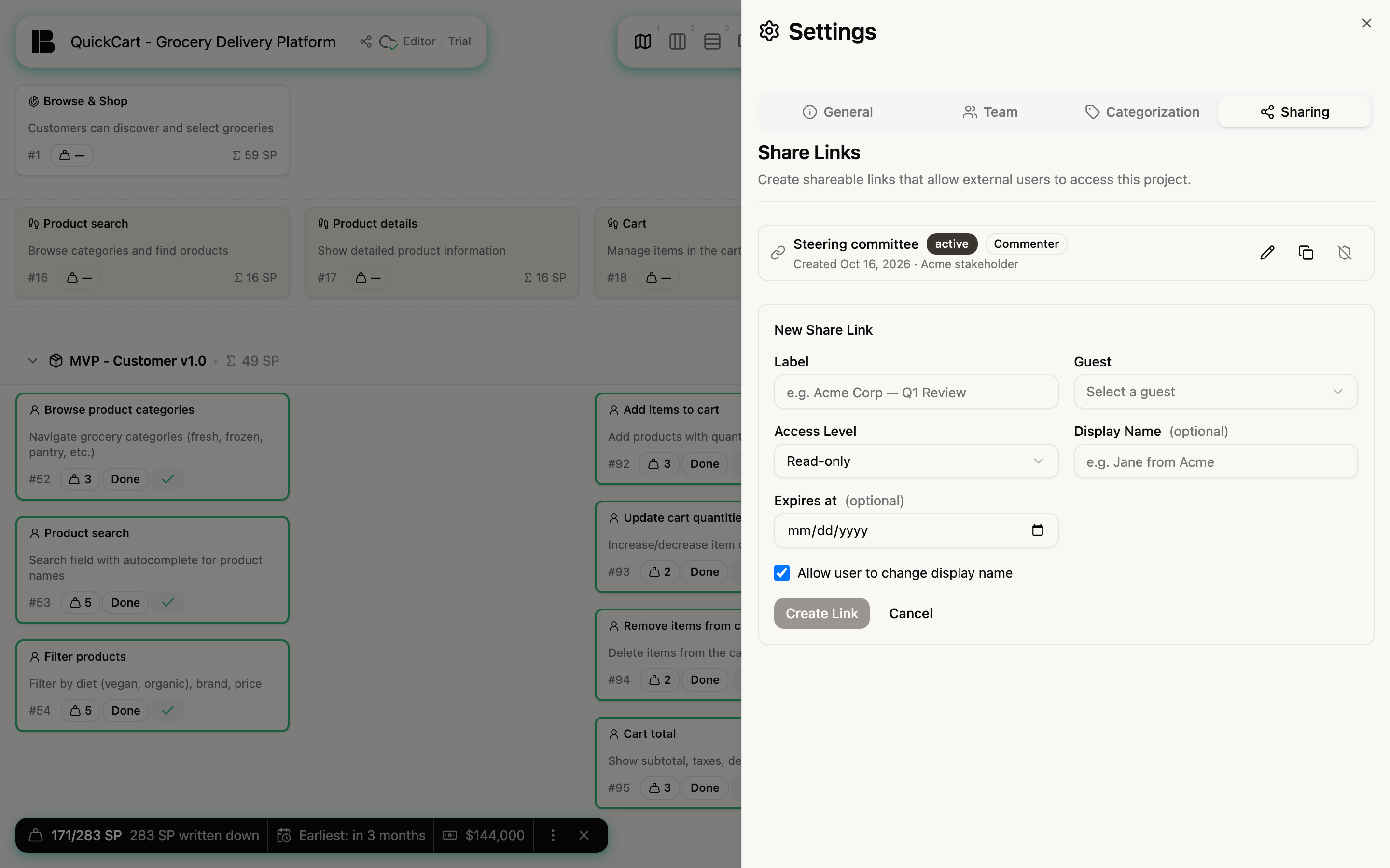 The Sharing tab with the New Share Link form open below the existing link. The fields are Label, Guest, Access Level showing Read-only, Display Name (optional), Expires at (optional) and the ticked option Allow user to change display name. Create Link and Cancel are at the bottom.