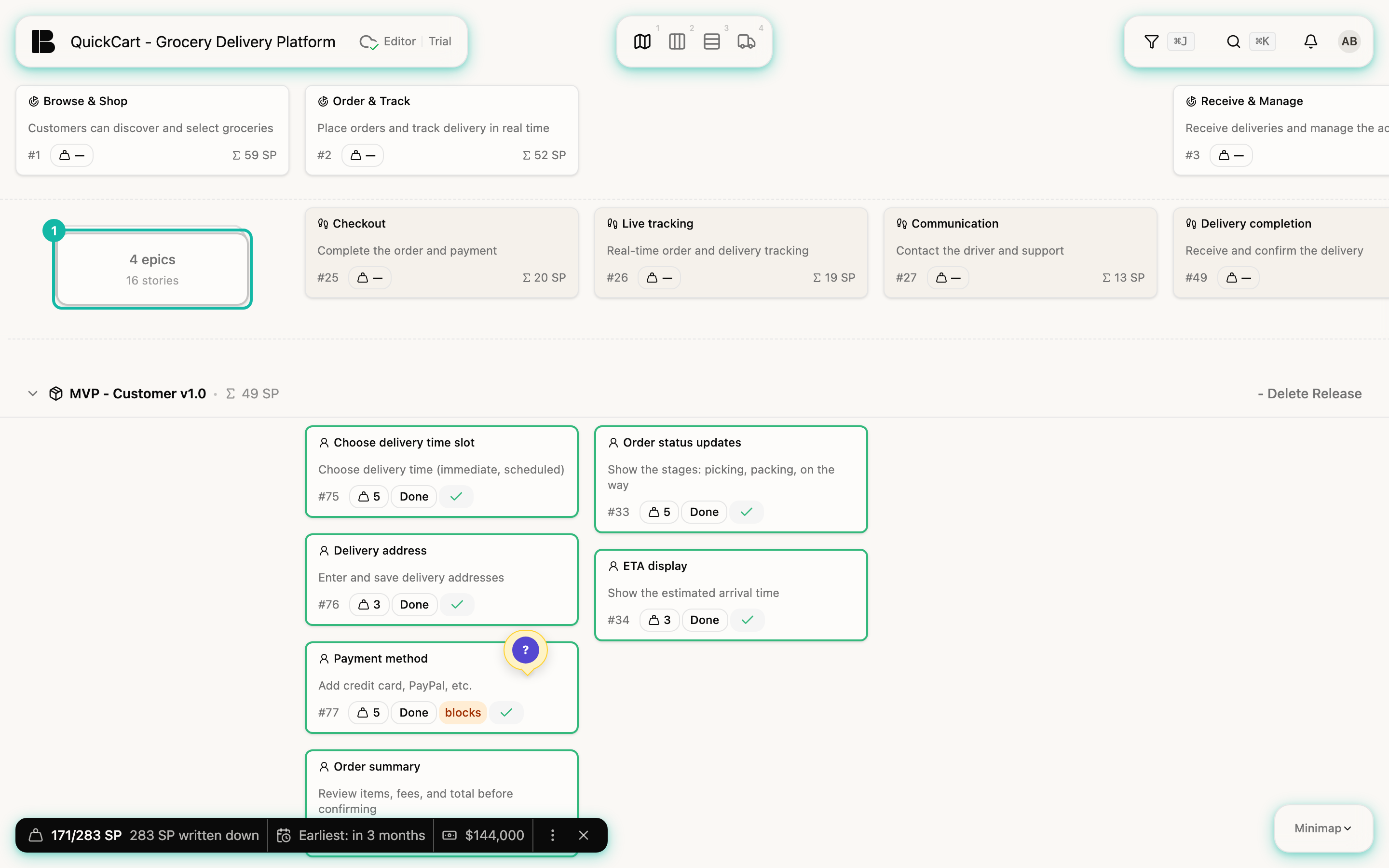 The Storyboard with the Initiative Browse & Shop collapsed: in place of its Epics there is a card stack labelled 4 epics and 16 stories (1), the other Initiatives have moved to the left