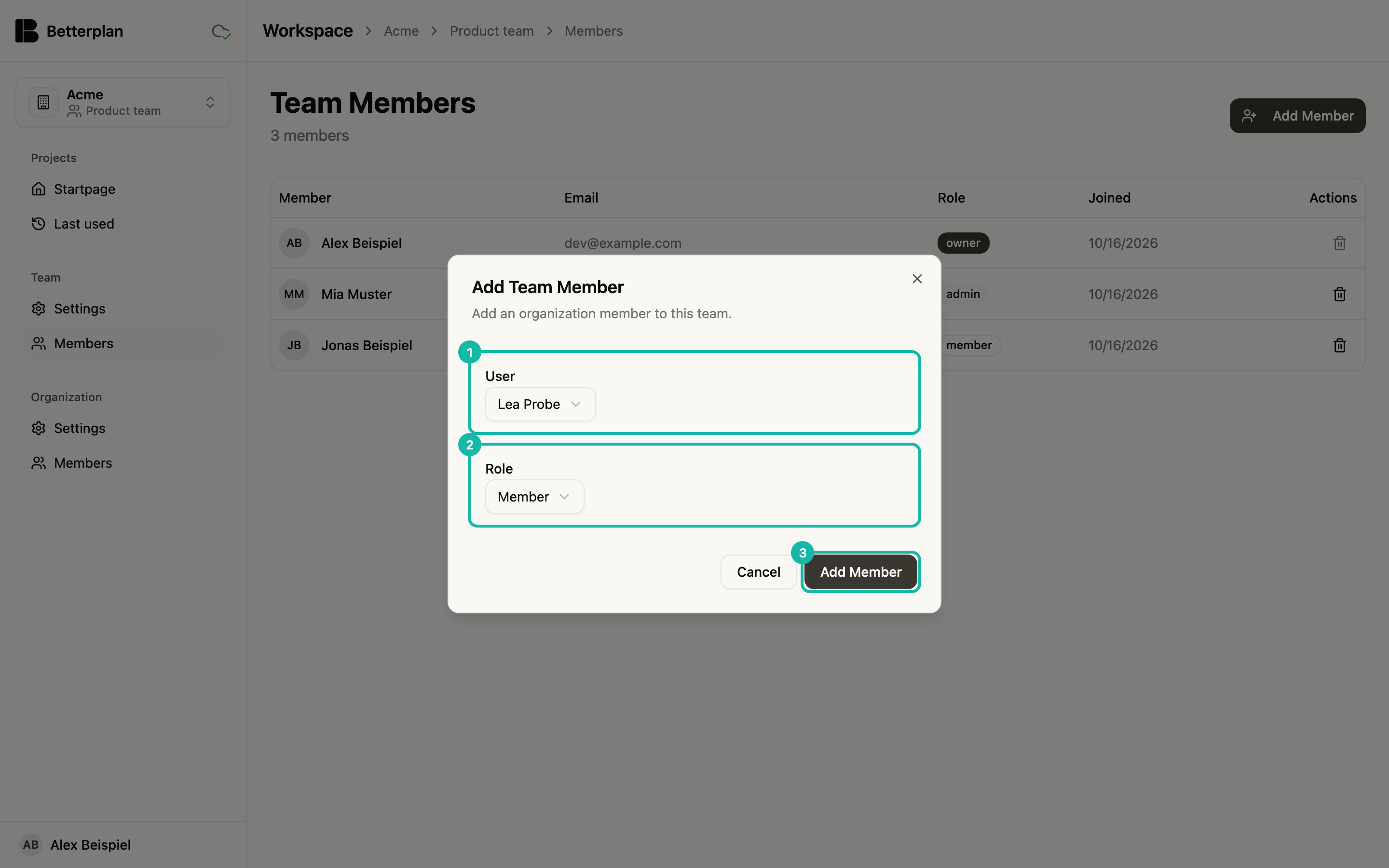 The Add Team Member dialog in front of the team table. The User field with the selection Lea Probe is highlighted (1), as is the Role field with Member (2). At the bottom right the Add Member button is highlighted (3), next to Cancel.