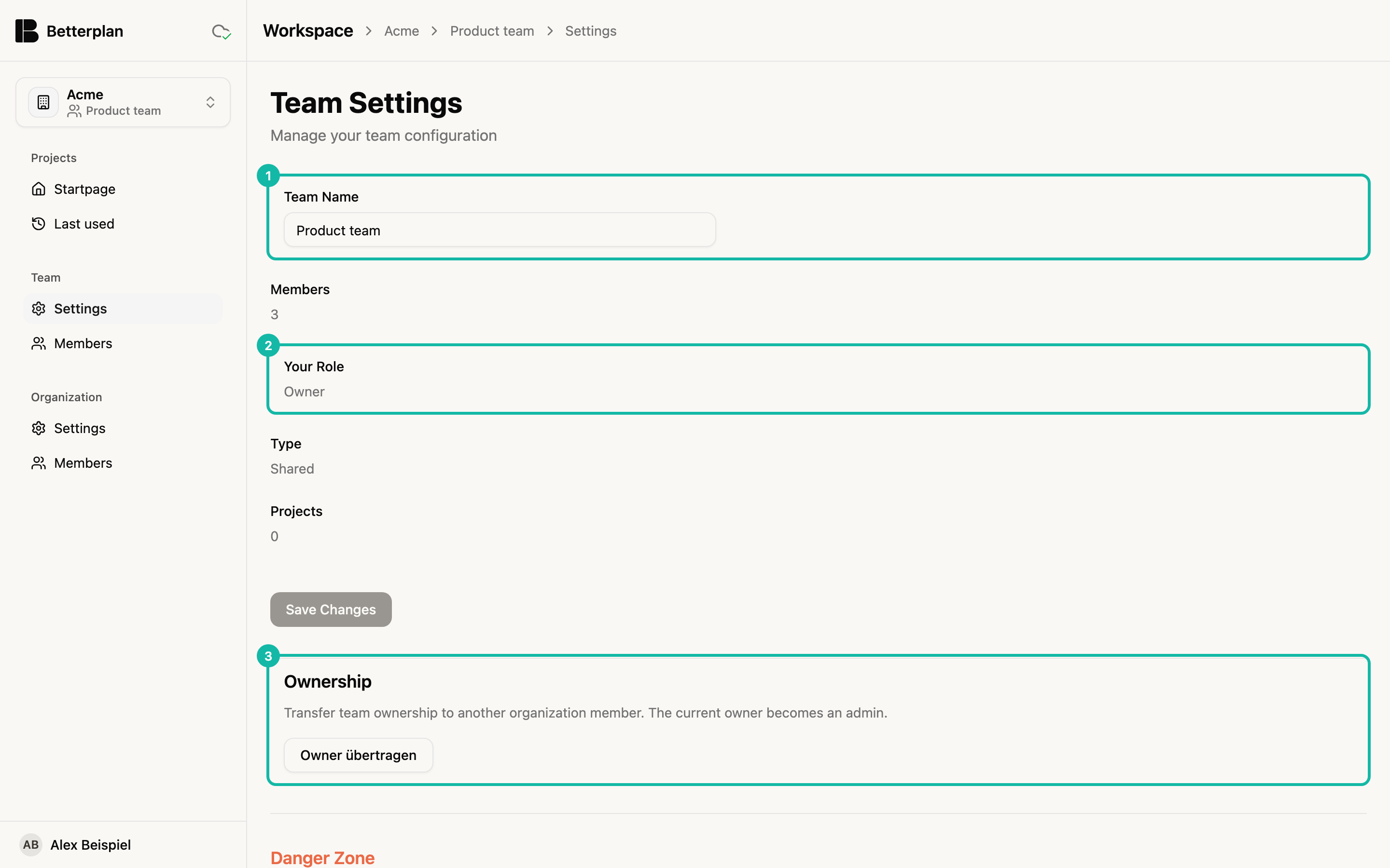 The Team Settings page of the Product team. The Team Name field with Product team is highlighted (1), below it Members 3. Your Role with Owner is highlighted (2), below it Type Shared and Projects 0; the Save Changes button is greyed out. The Ownership section with the button Owner übertragen is highlighted (3). The Danger Zone begins at the bottom edge.