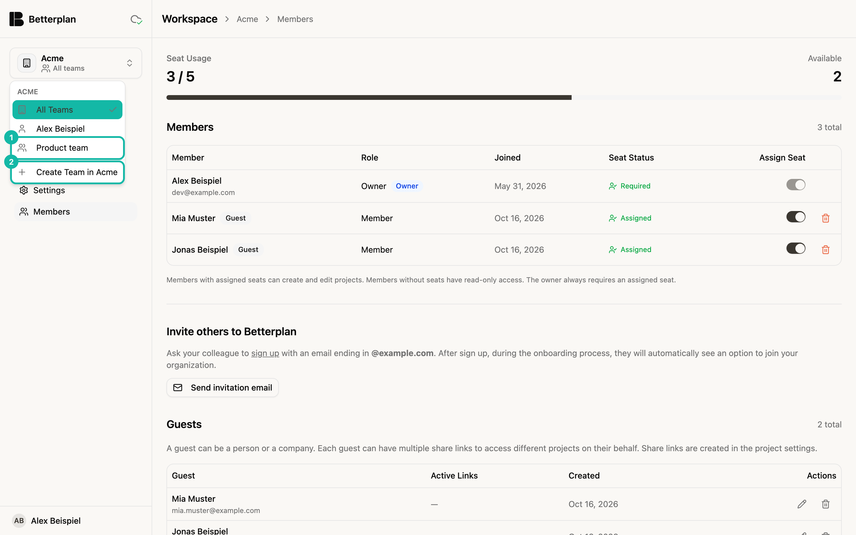 The Members page with the team menu open at the top left. Under the heading ACME are All Teams, Alex Beispiel (the personal team), Product team (1) and Create Team in Acme (2).