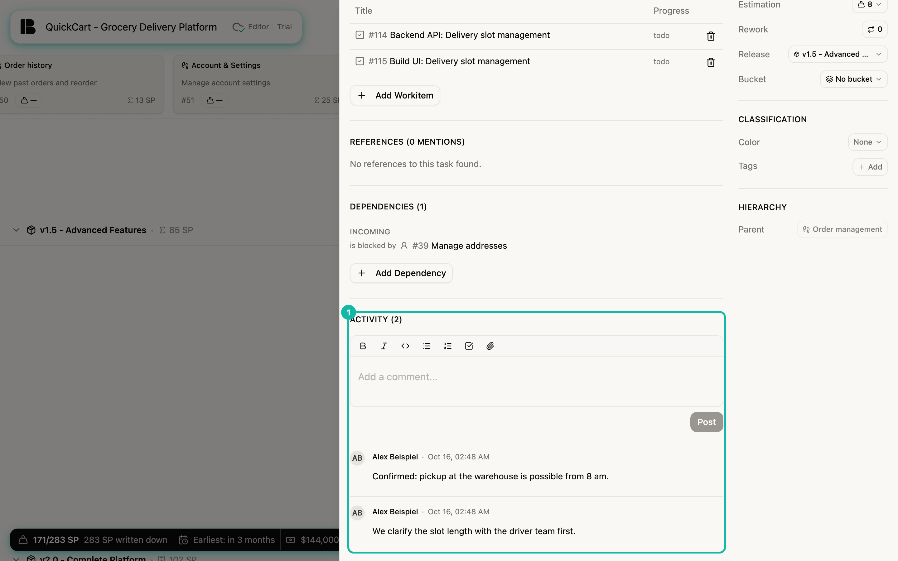 The lower part of the detail view of the story Delivery slot management. The Activity (2) section contains an input field with a Post button and, below it, two comments by Alex Beispiel, newest first. The section is highlighted.