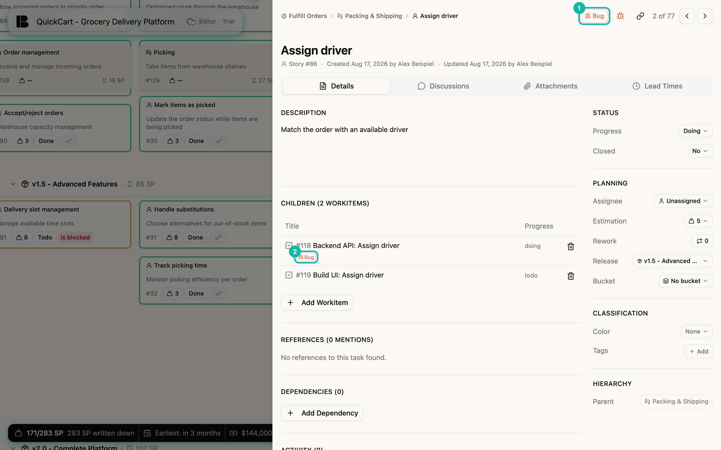 The detail view of the story Assign driver with a Bug badge in the header next to the bug icon, and the list of children in which the workitem Backend API: Assign driver carries the marker Bug; both markers are highlighted with numbers