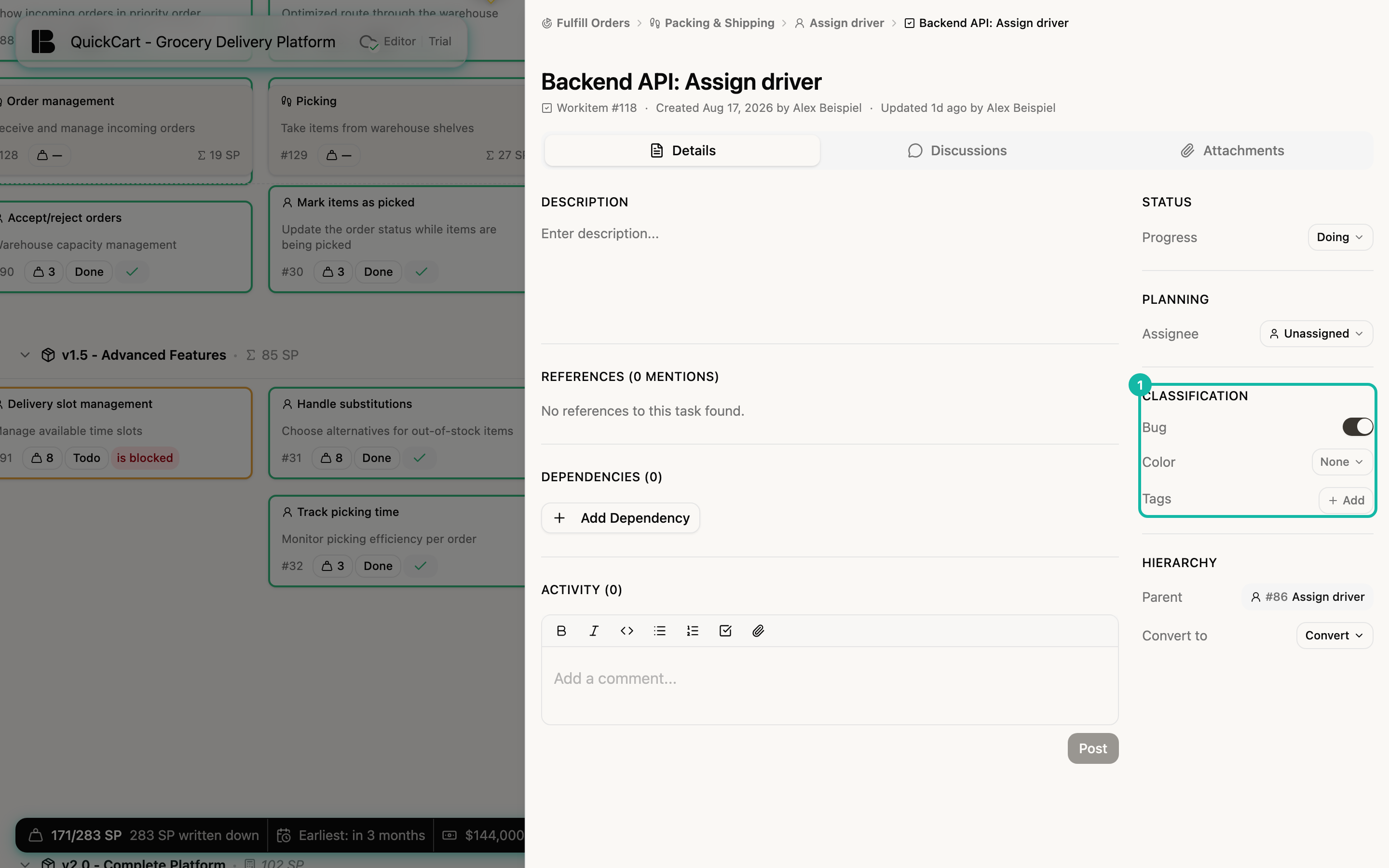 The detail view of the workitem Backend API: Assign driver; the Classification group of the sidebar, with the Bug switch turned on, the color None and the tags, is highlighted