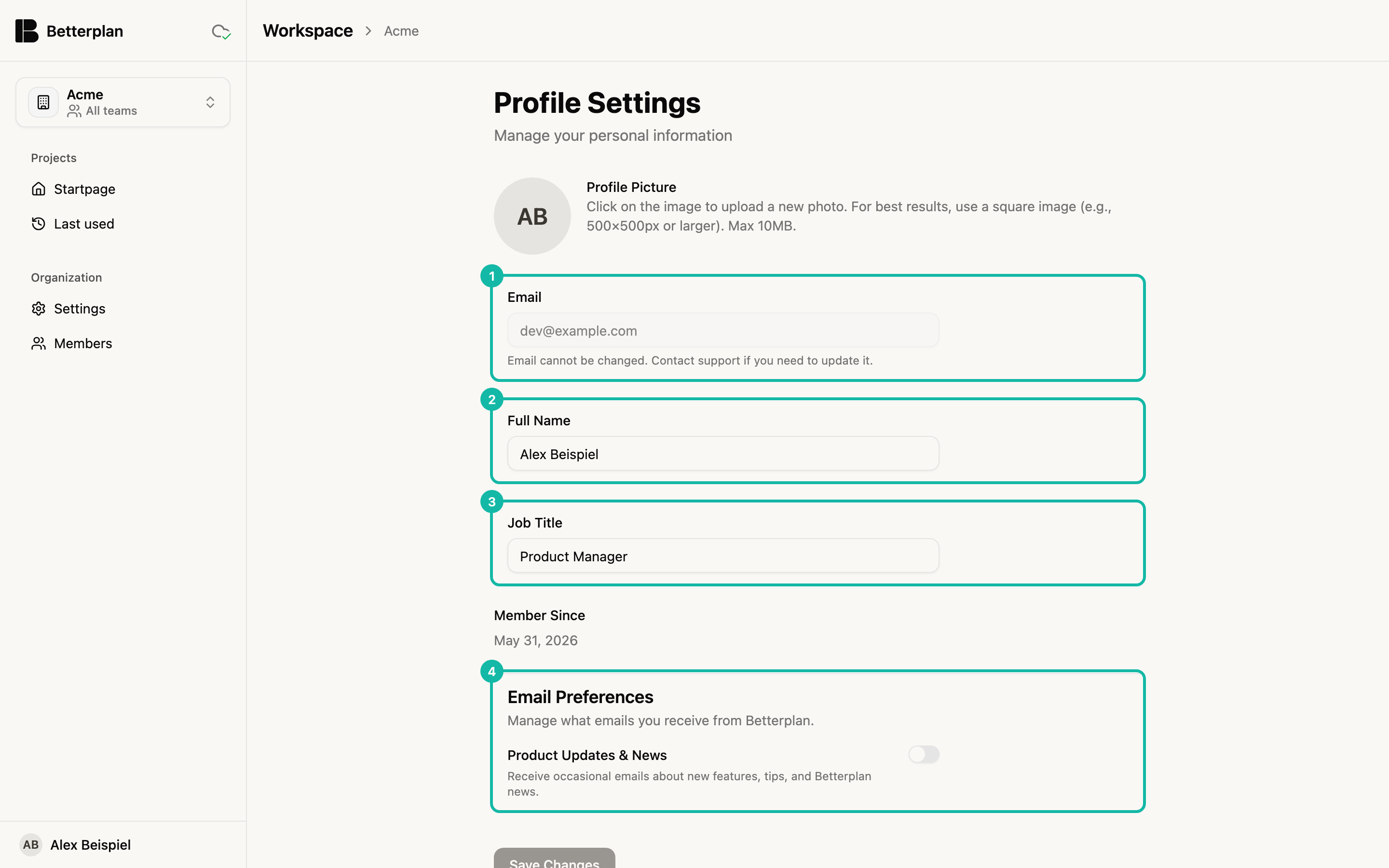 The Profile Settings page. At the top the profile picture with the initials AB. Below, the fields Email with the note that the address cannot be changed (1), Full Name with Alex Beispiel (2) and Job Title with Product Manager (3) are highlighted, followed by Member Since. The Email Preferences section with the Product Updates & News switch is highlighted (4).
