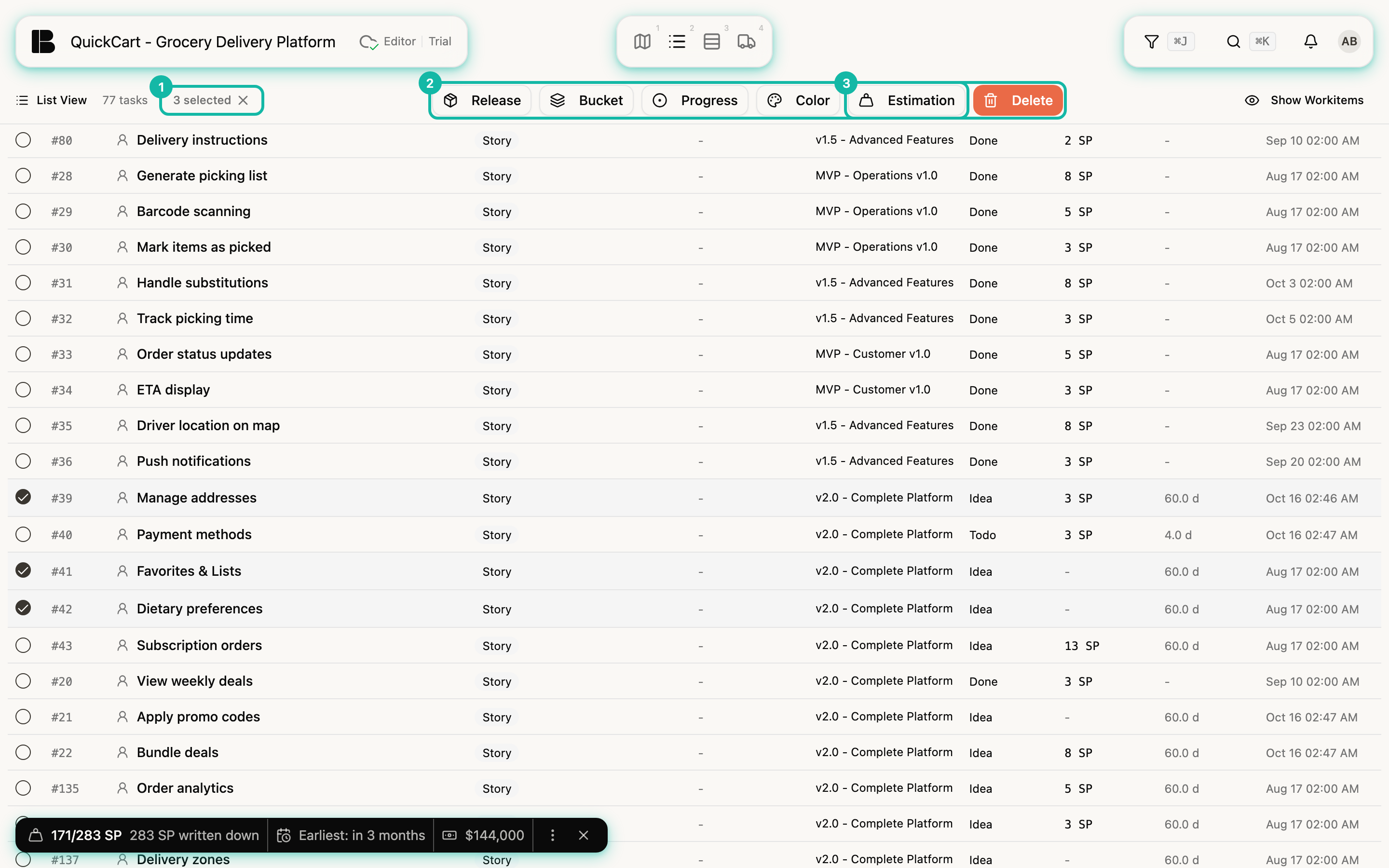 The List view with three tickets selected; at the top the count 3 selected is highlighted (1), next to it the action bar with Release, Bucket, Progress, Color, Estimation and Delete (2), and the Estimation action is highlighted on its own (3)