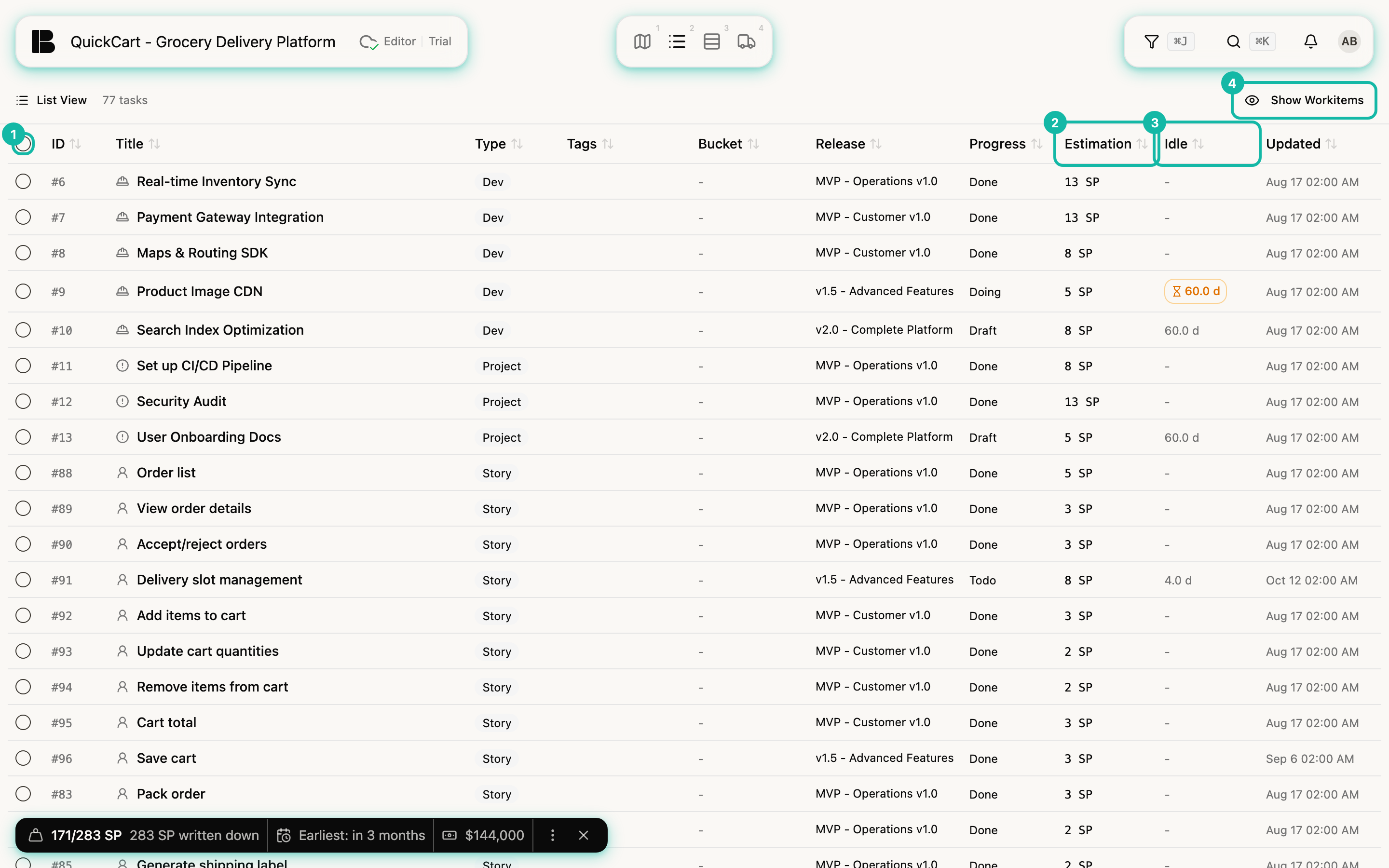 The QuickCart List view with 77 tasks; highlighted are the checkbox in the header row (1), the Estimation column header (2), the Idle column header (3) and the Show Workitems button (4)