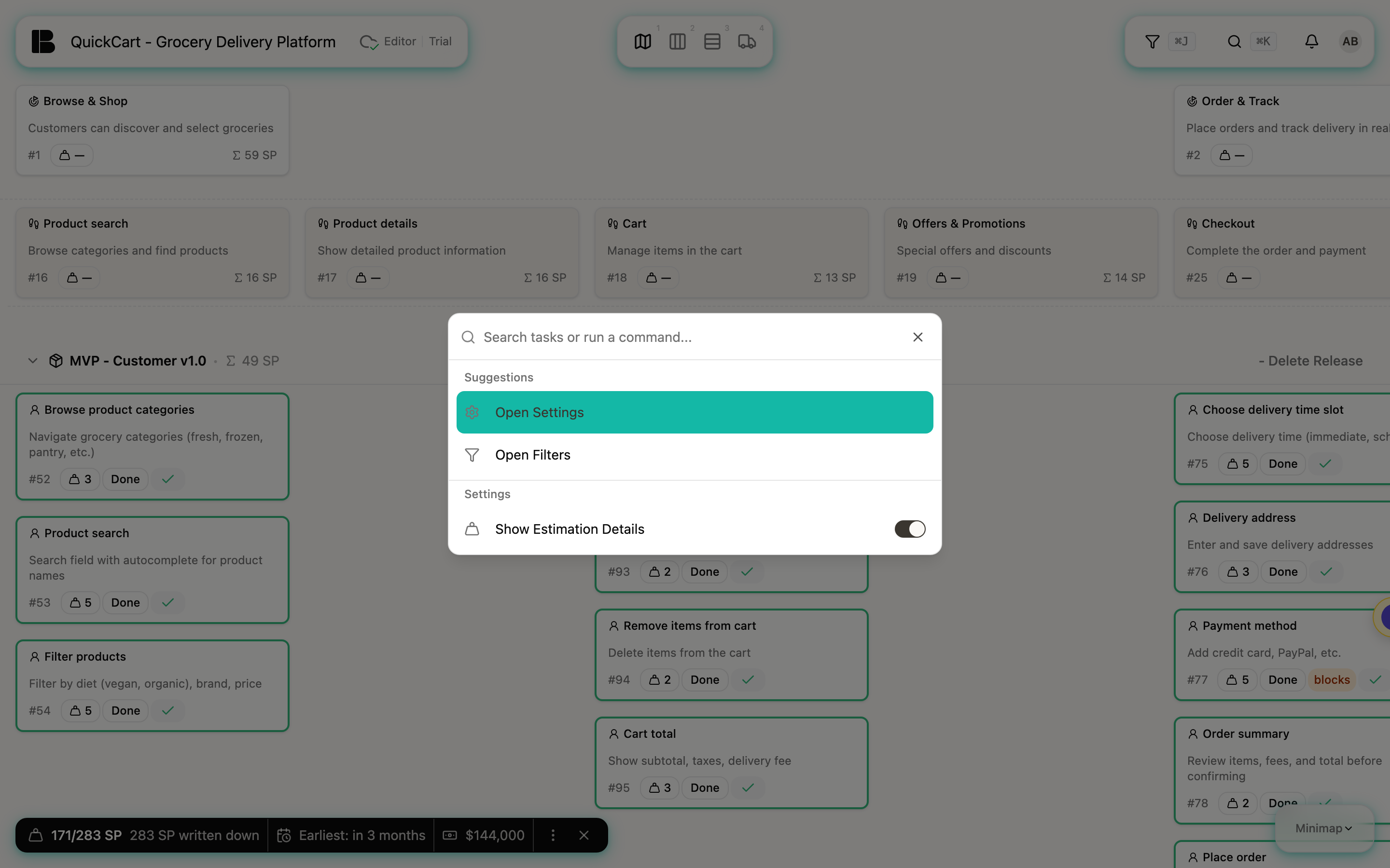 The open command palette with the suggestions Open Settings and Open Filters
