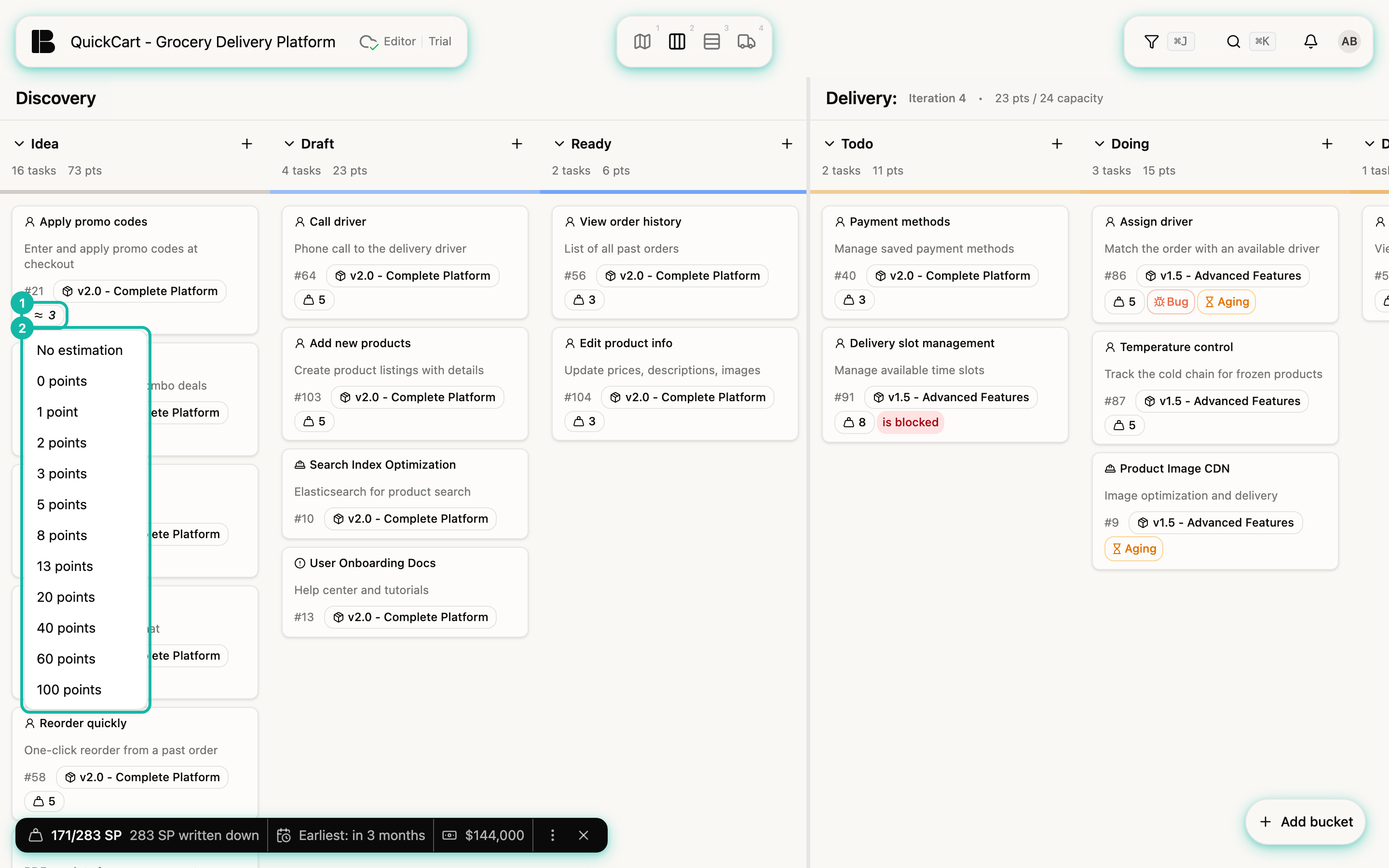 The Backlog Kanban with the selection list open on the Apply promo codes card; highlighted are the card's estimate indicator (1) and the list from No estimation to 100 points (2)