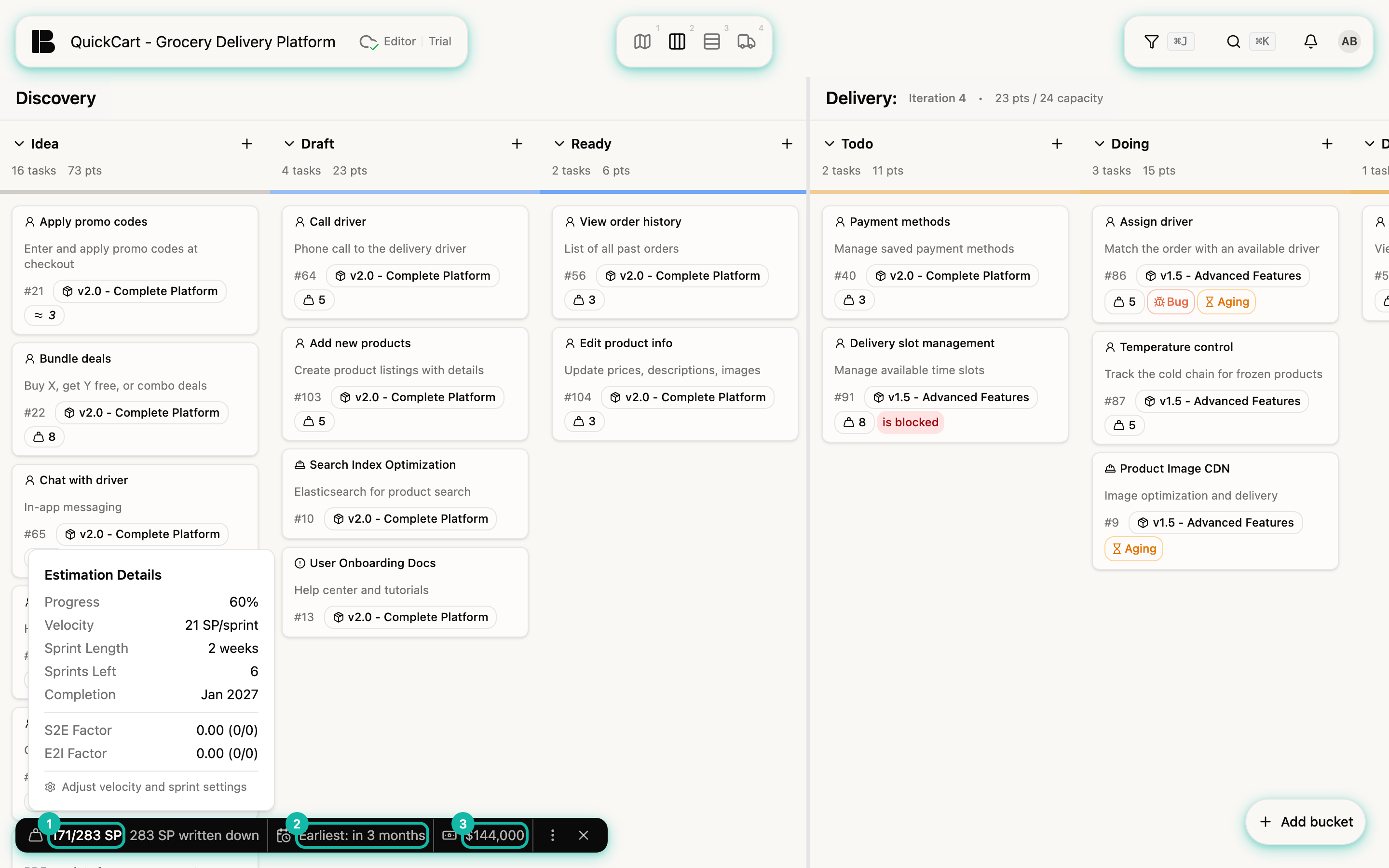 The Backlog Kanban with the dark bar at the bottom left; above it the open tooltip Estimation Details with progress, velocity, iteration length, remaining iterations, completion and the S2E and E2I factors; highlighted are the points readout 171/283 SP (1), the forecast Earliest in 3 months (2) and the remaining amount (3)