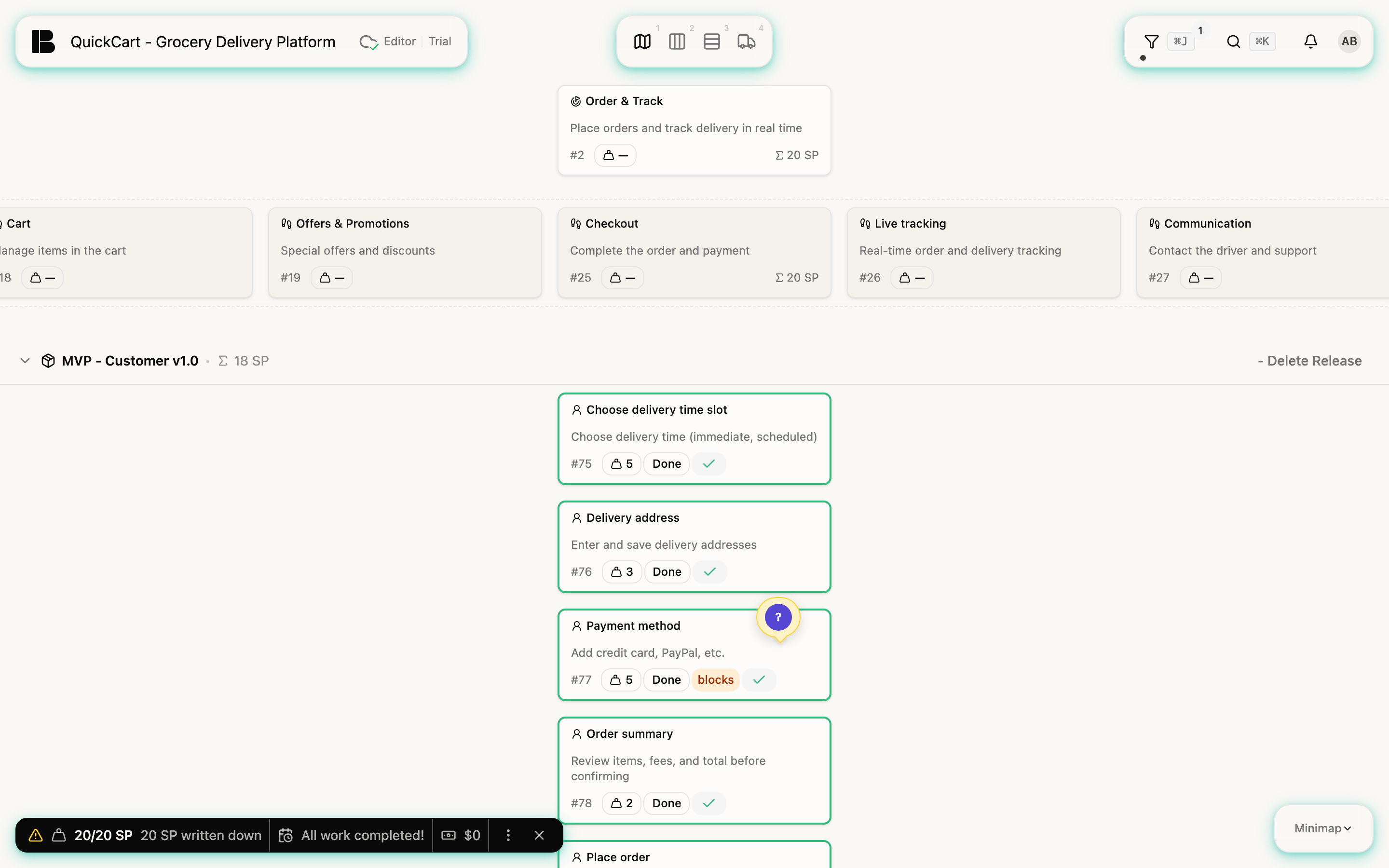 The Storyboard with the Epic filter active: only the Stories of the Epic Checkout appear in the release MVP - Customer v1.0, and the number 1 is shown on the filter icon at the top right