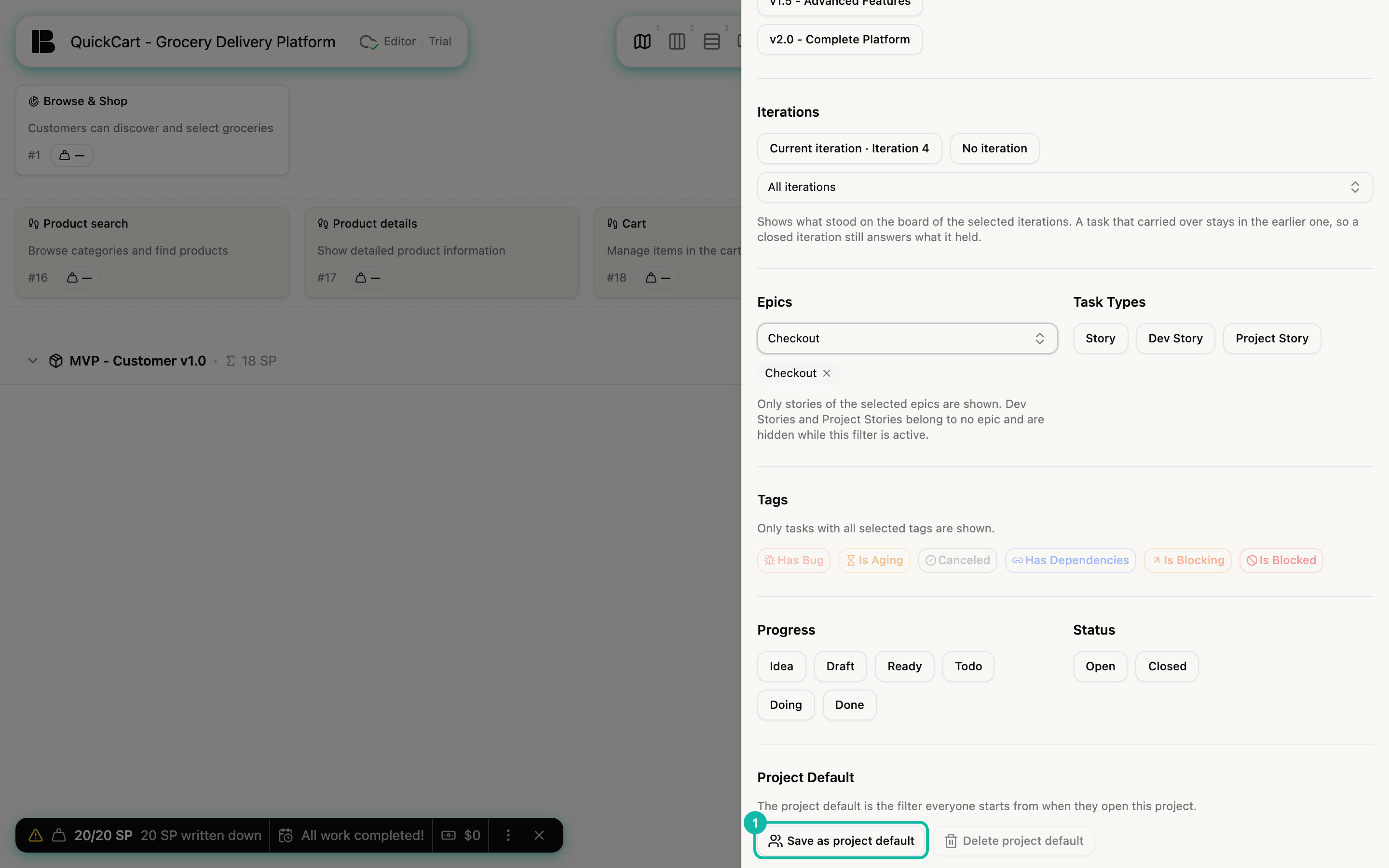 The lower end of the filter panel with the Epic filter Checkout active; in the Project Default section the button Save as project default is highlighted, next to it Delete project default