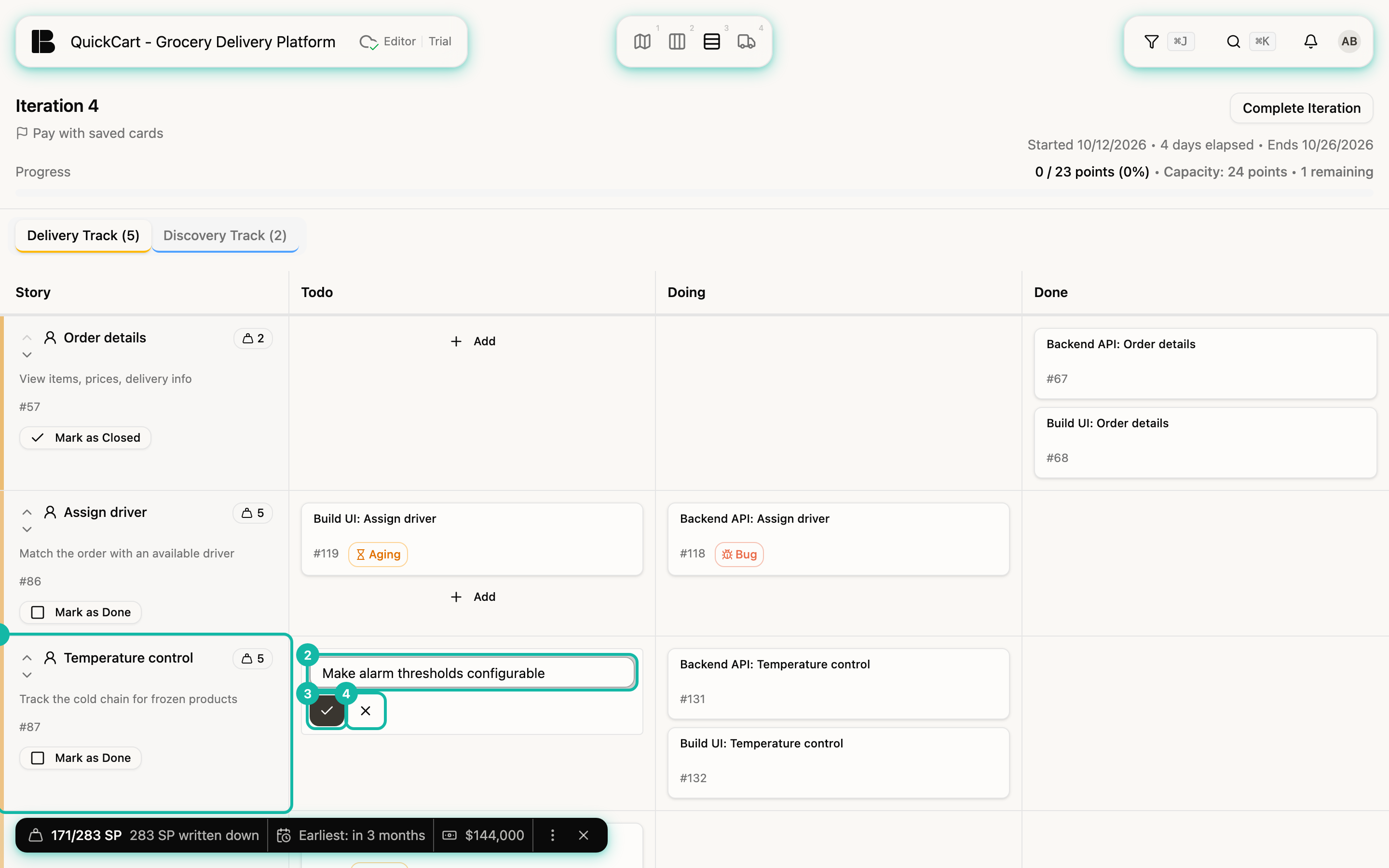 The Iteration Board; in the lane of the story Temperature control (1) the input with the text Make alarm thresholds configurable is open in the Todo column (2), below it the check mark (3) and the X (4)