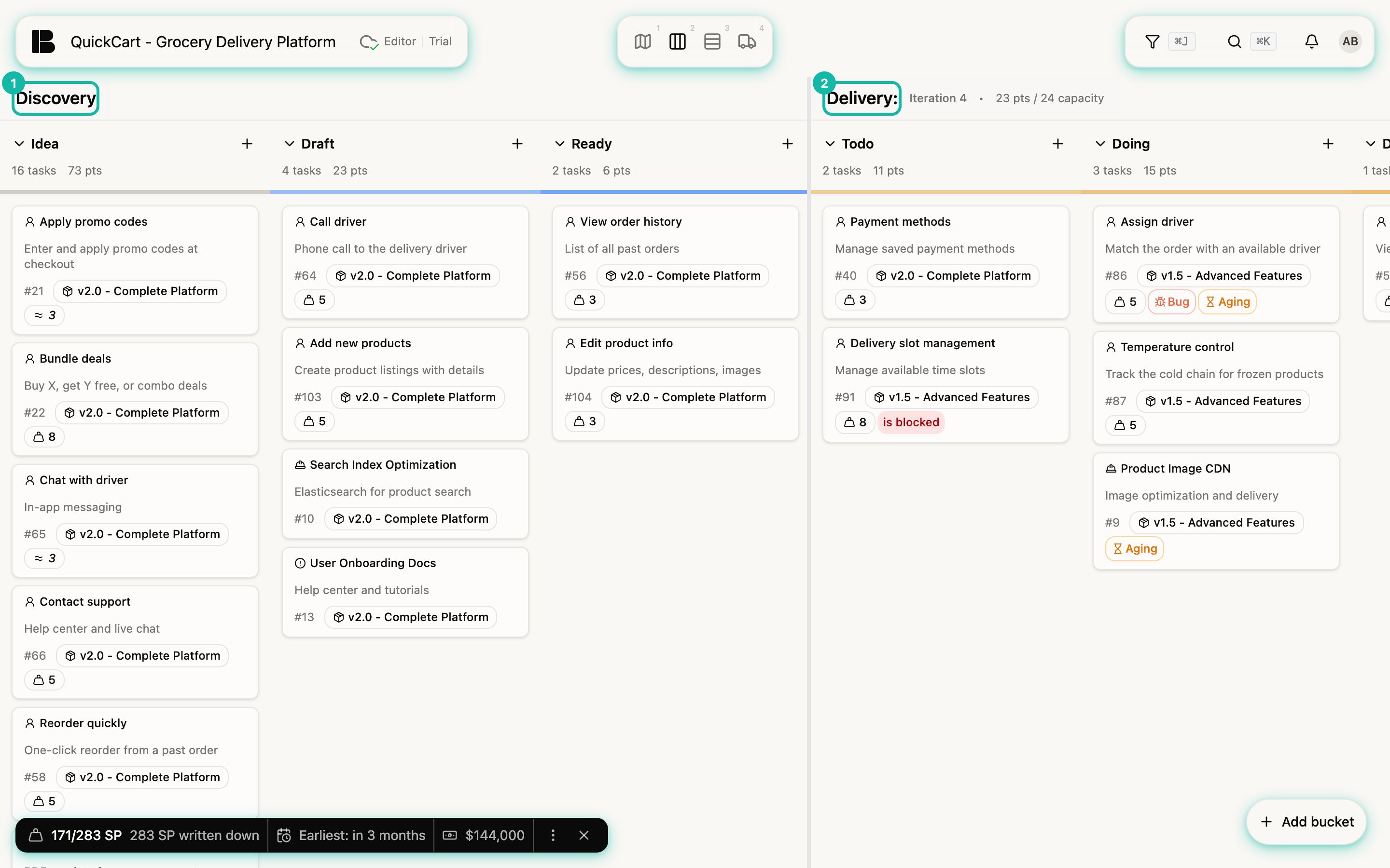 The QuickCart Backlog Kanban at its left edge: the Discovery columns Idea, Draft and Ready and the start of the Delivery columns, both headers highlighted