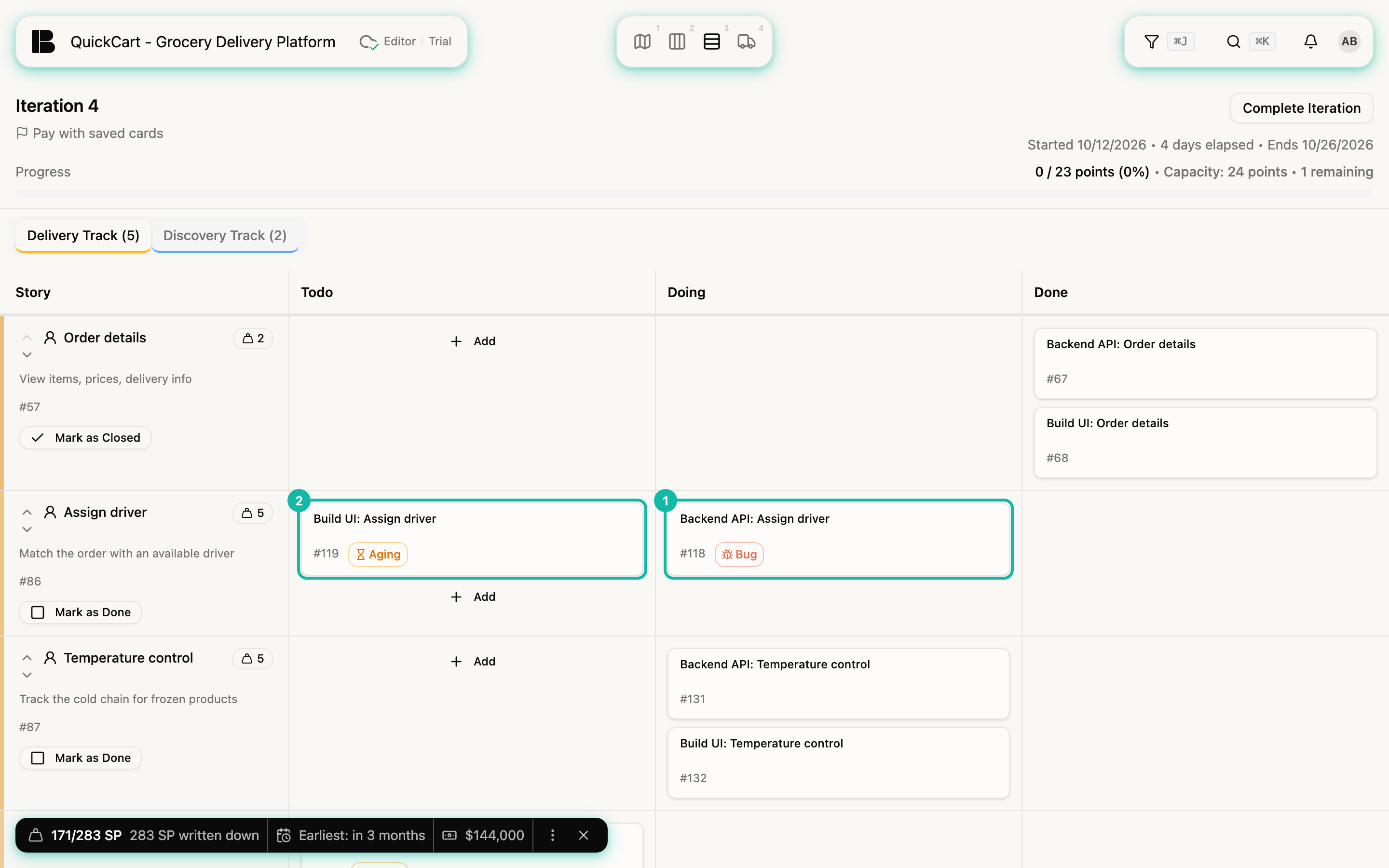 The Iteration Board with the two Workitems of the Story Assign driver highlighted in the Todo and Doing columns
