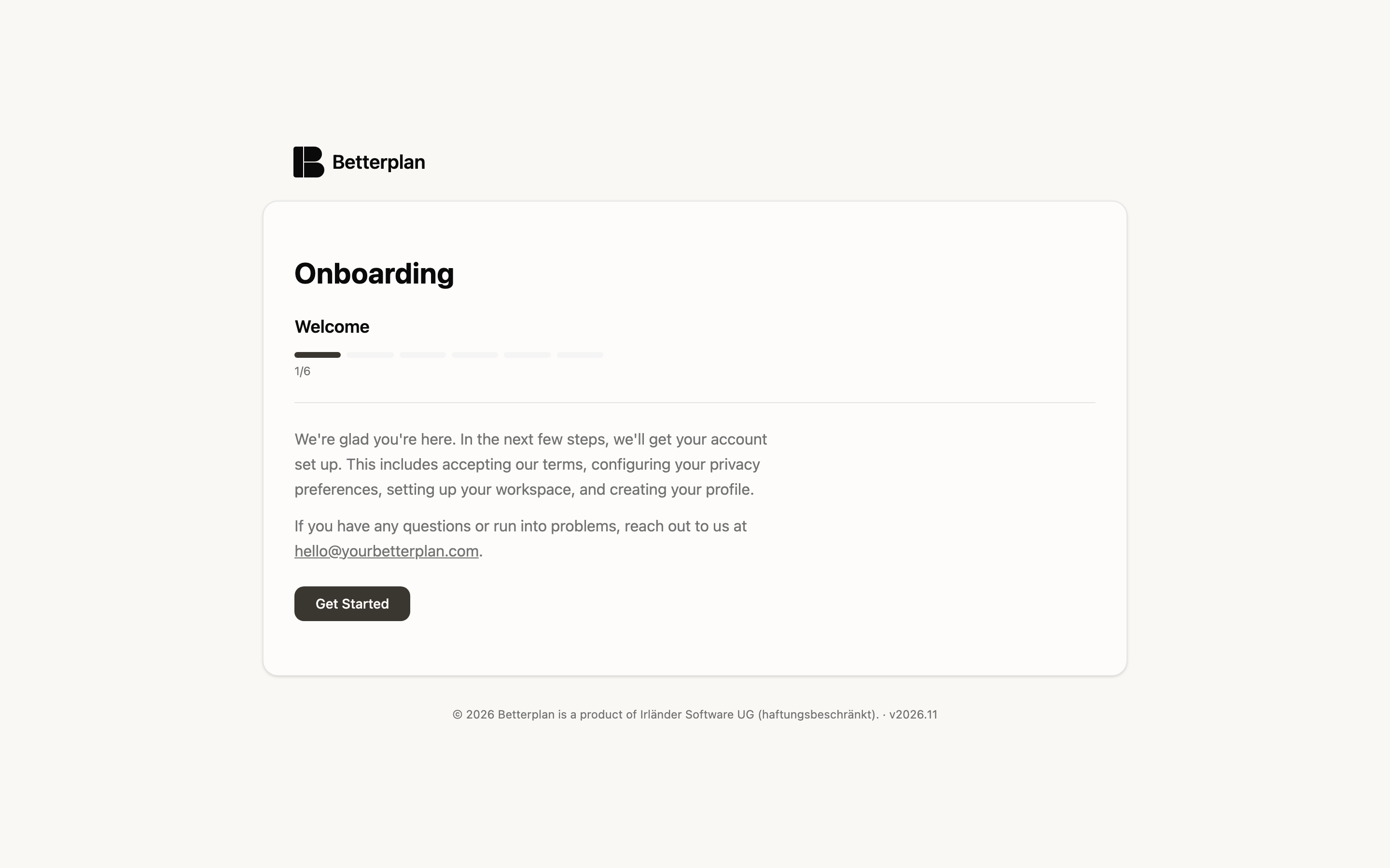 The first onboarding step, Welcome, with a progress indicator showing 1/6