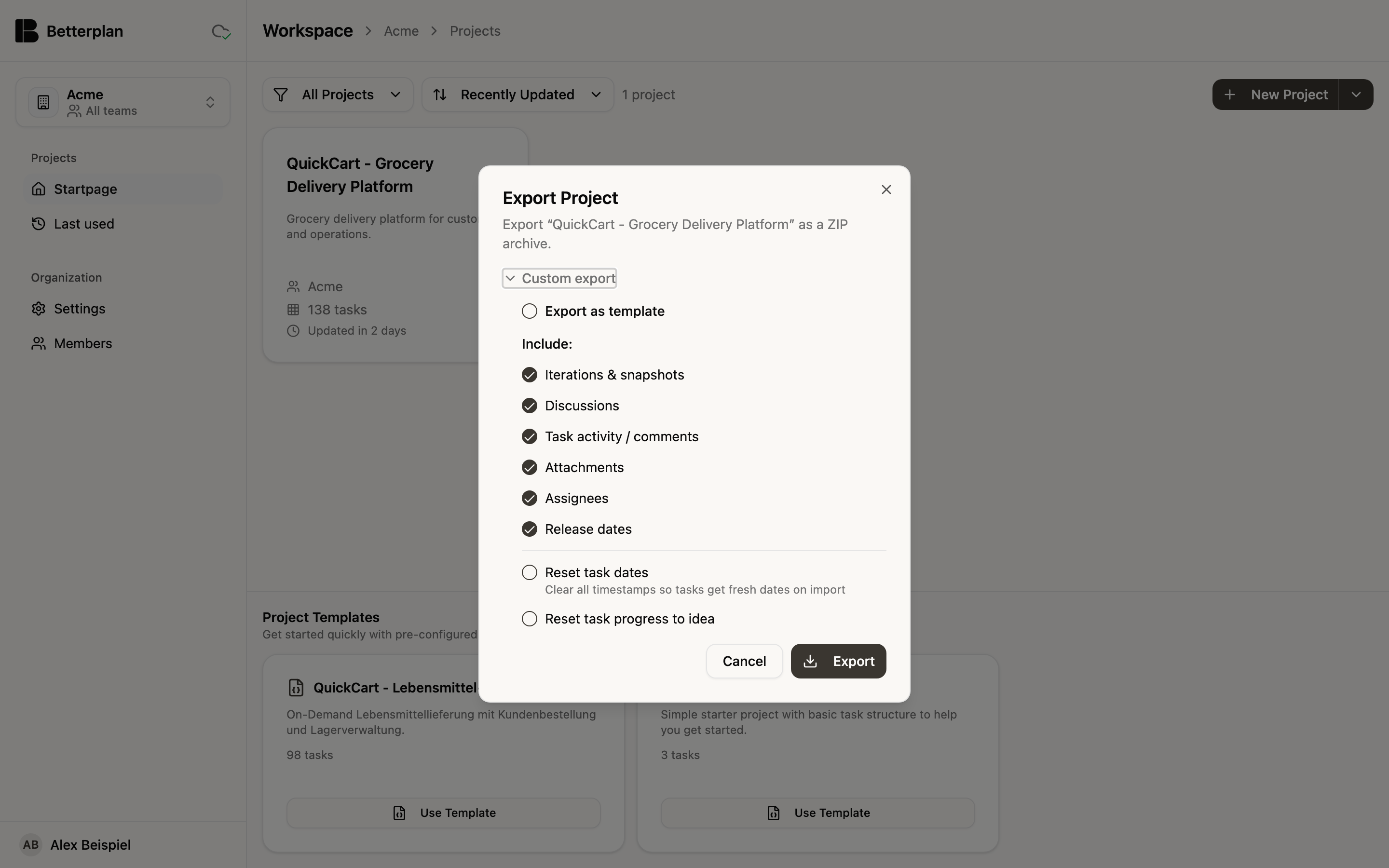 The Export Project dialog over the project list, with Custom export unfolded. At the top the option Export as template, below it under Include the six ticked options Iterations & snapshots, Discussions, Task activity / comments, Attachments, Assignees and Release dates. Set apart below are the unticked options Reset task dates and Reset task progress to idea. Cancel and Export are at the bottom.