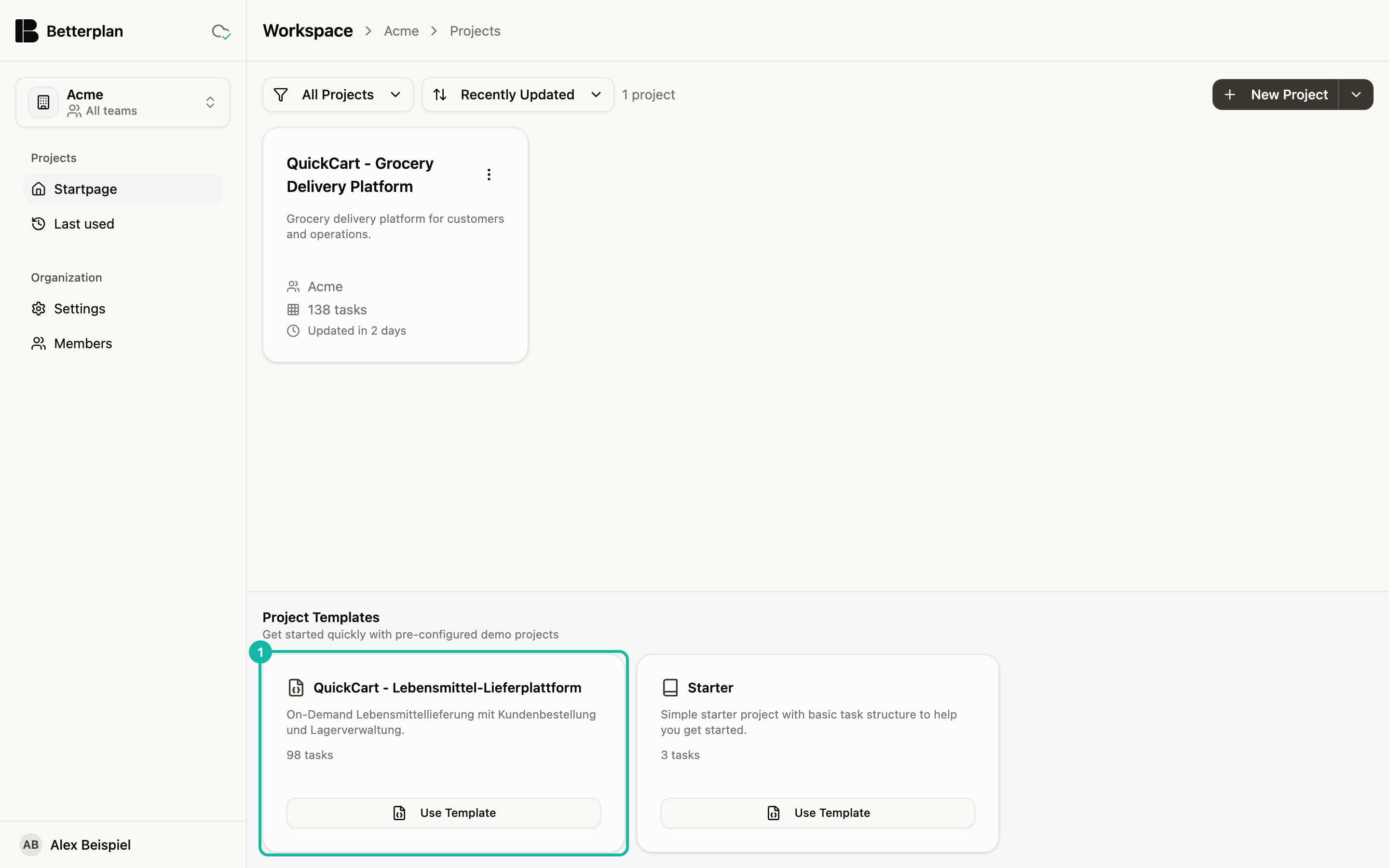 The QuickCart and Starter project templates below the project list, with QuickCart highlighted