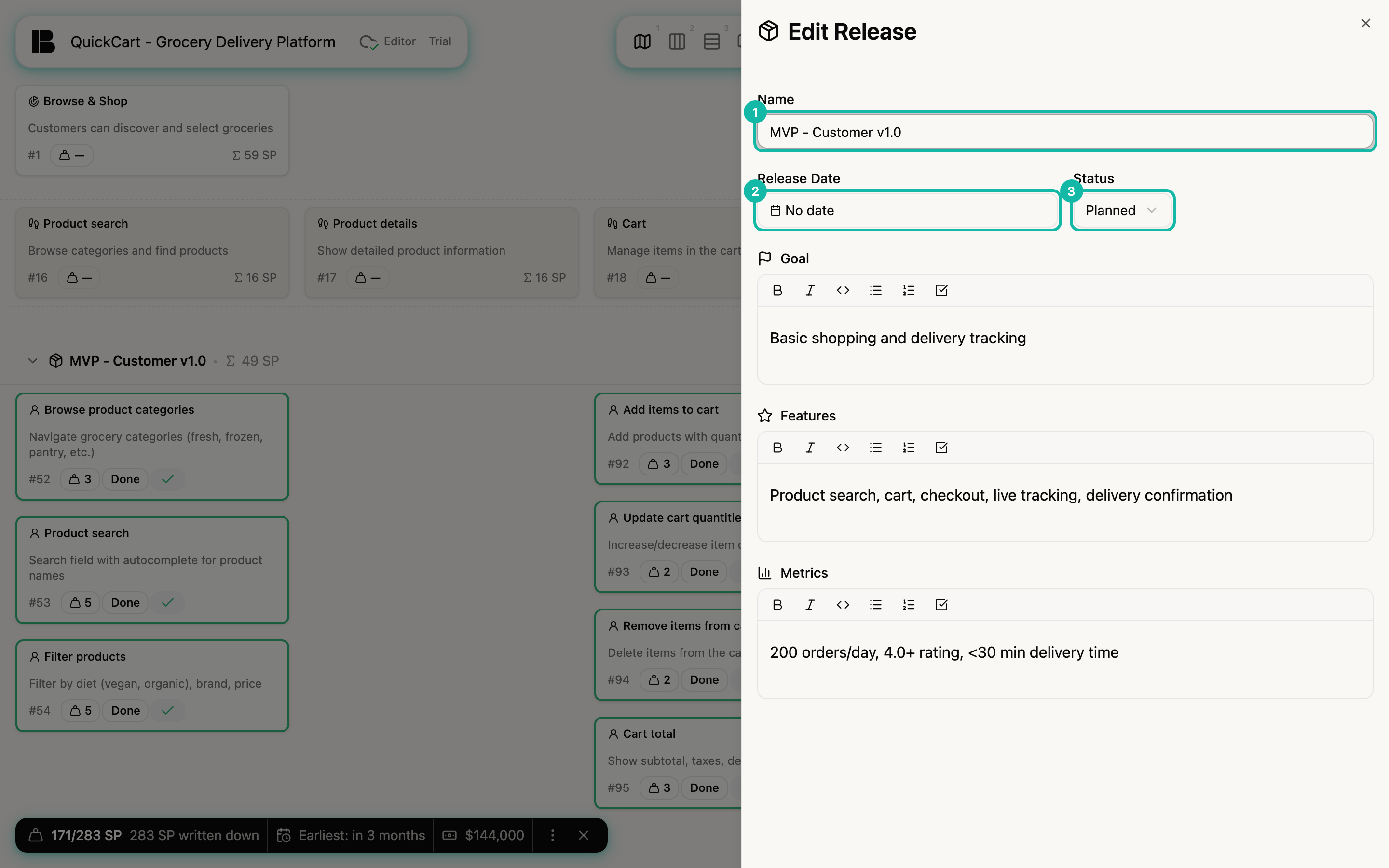 The side panel Edit Release for MVP - Customer v1.0 over the Storyboard: the field Name (1), the date field showing No date (2) and the selection Status showing Planned (3); below follow the fields Goal, Features and Metrics with their texts