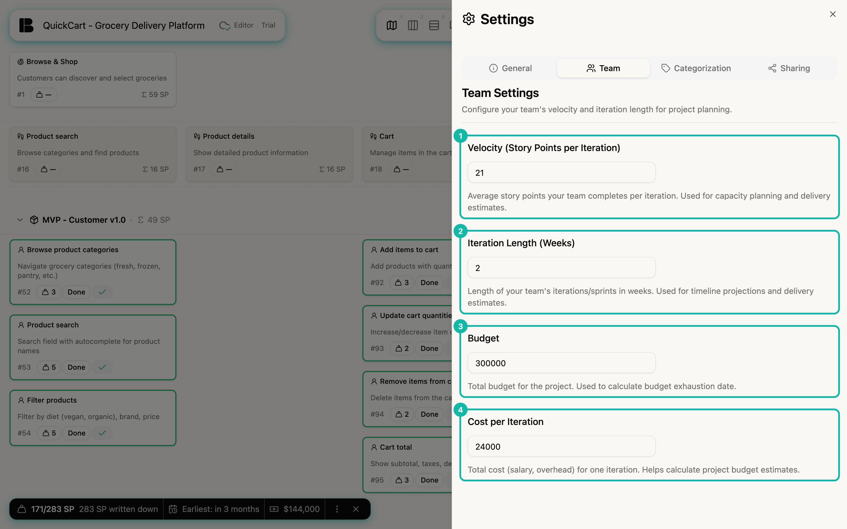 The Team tab of the QuickCart project settings. The four fields Velocity (Story Points per Iteration) with the value 21 (1), Iteration Length (Weeks) with 2 (2), Budget with 300000 (3) and Cost per Iteration with 24000 (4) are highlighted, each with a help text.