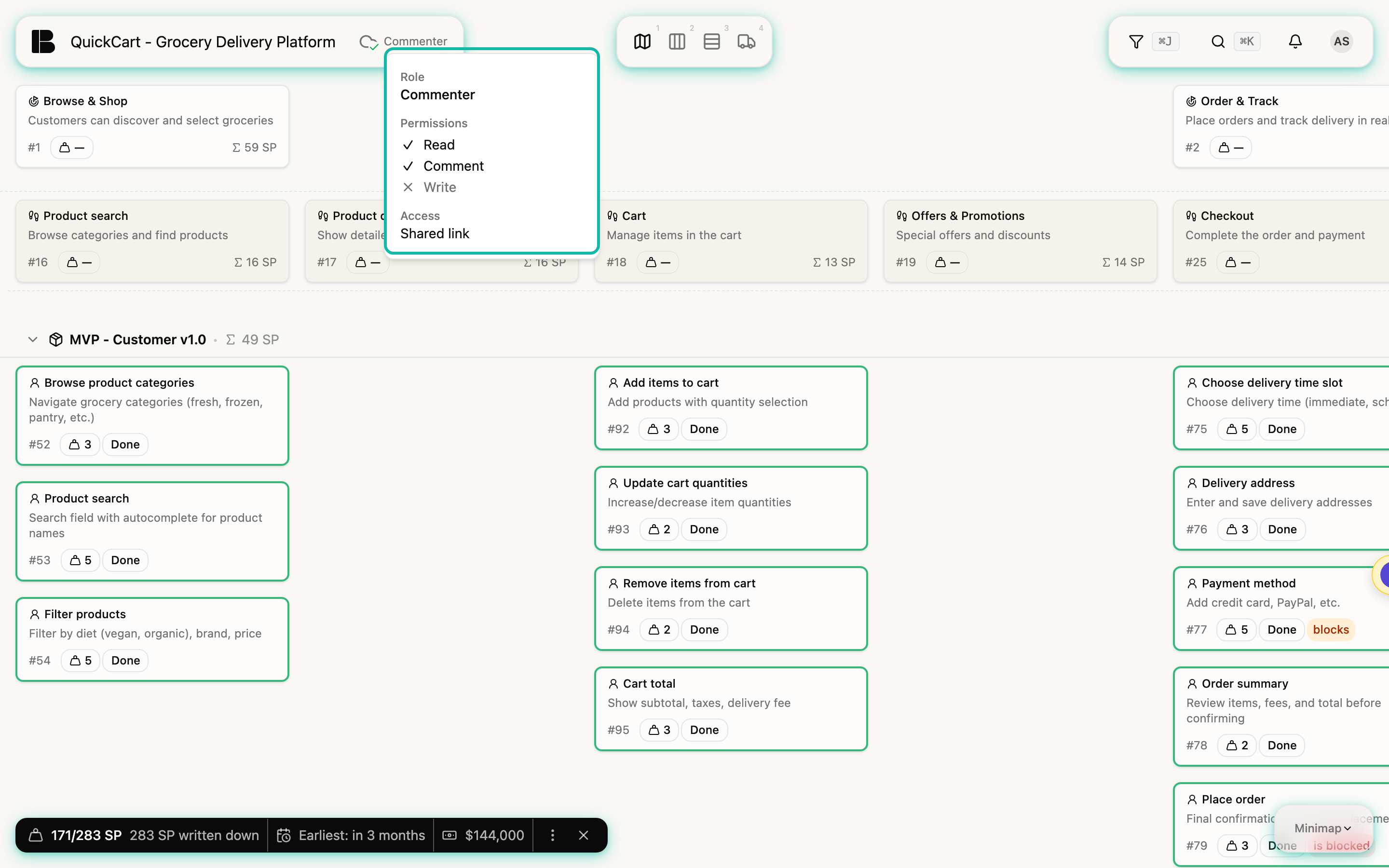 The QuickCart Storyboard in the guest view. In the project header, next to the project name, is the access level Commenter; a window below shows the role Commenter with the permissions Read and Comment (ticked) and Write (crossed out) as well as the access Shared link. At the right of the header an avatar with the initials AS shows the guest. The window is highlighted.