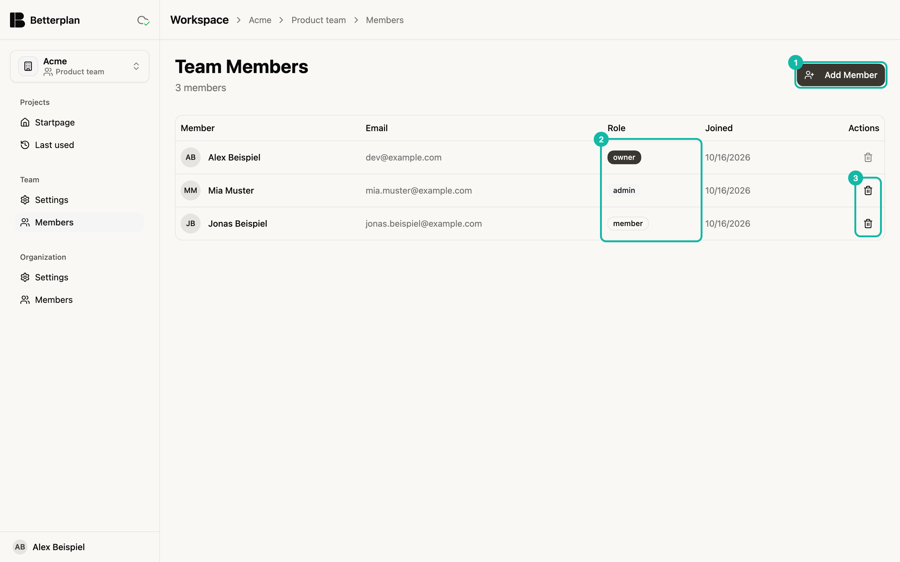 The Team Members page of the Product team with 3 members. At the top right the Add Member button (1). The table shows Alex Beispiel with the role owner, Mia Muster with admin and Jonas Beispiel with member; the role column is highlighted (2). On the right are trash icons; those of the last two rows are highlighted (3), the one in the owner row is greyed out.