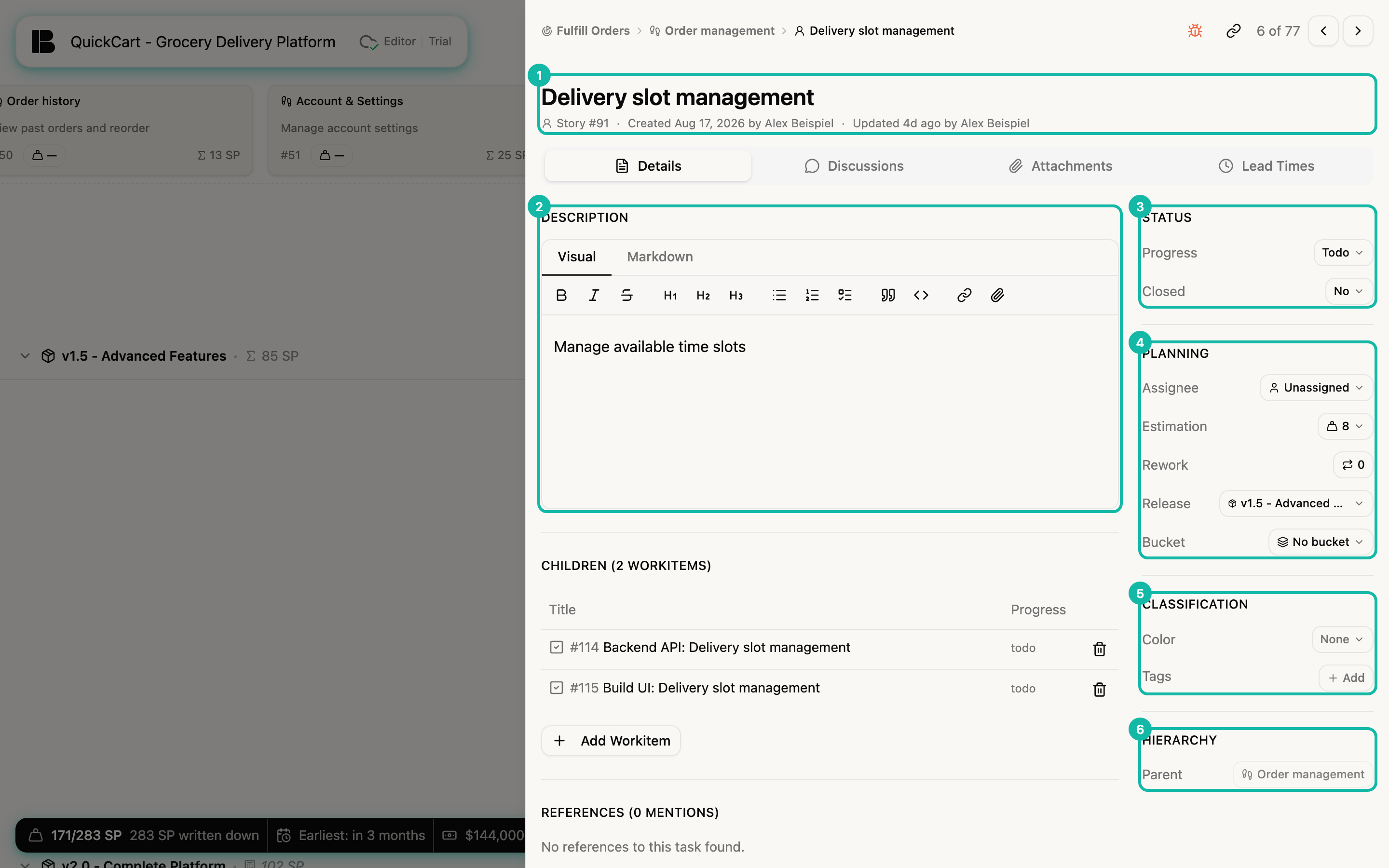 The detail view of the story Delivery slot management with the description editor open; title, description and the four sidebar groups are highlighted with numbers