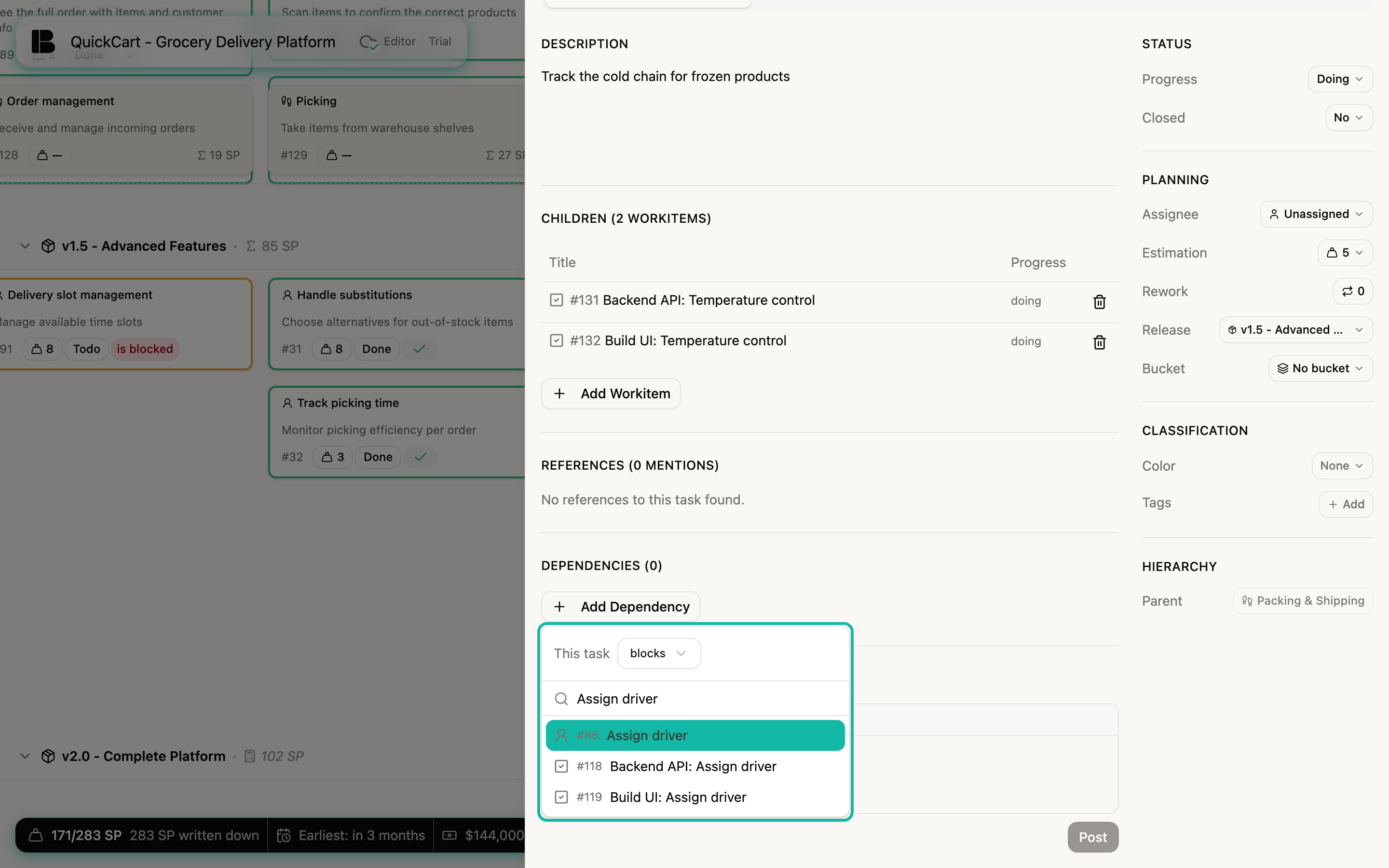 The open popover for adding a dependency with the choice This task blocks, the search field containing Assign driver and three results below